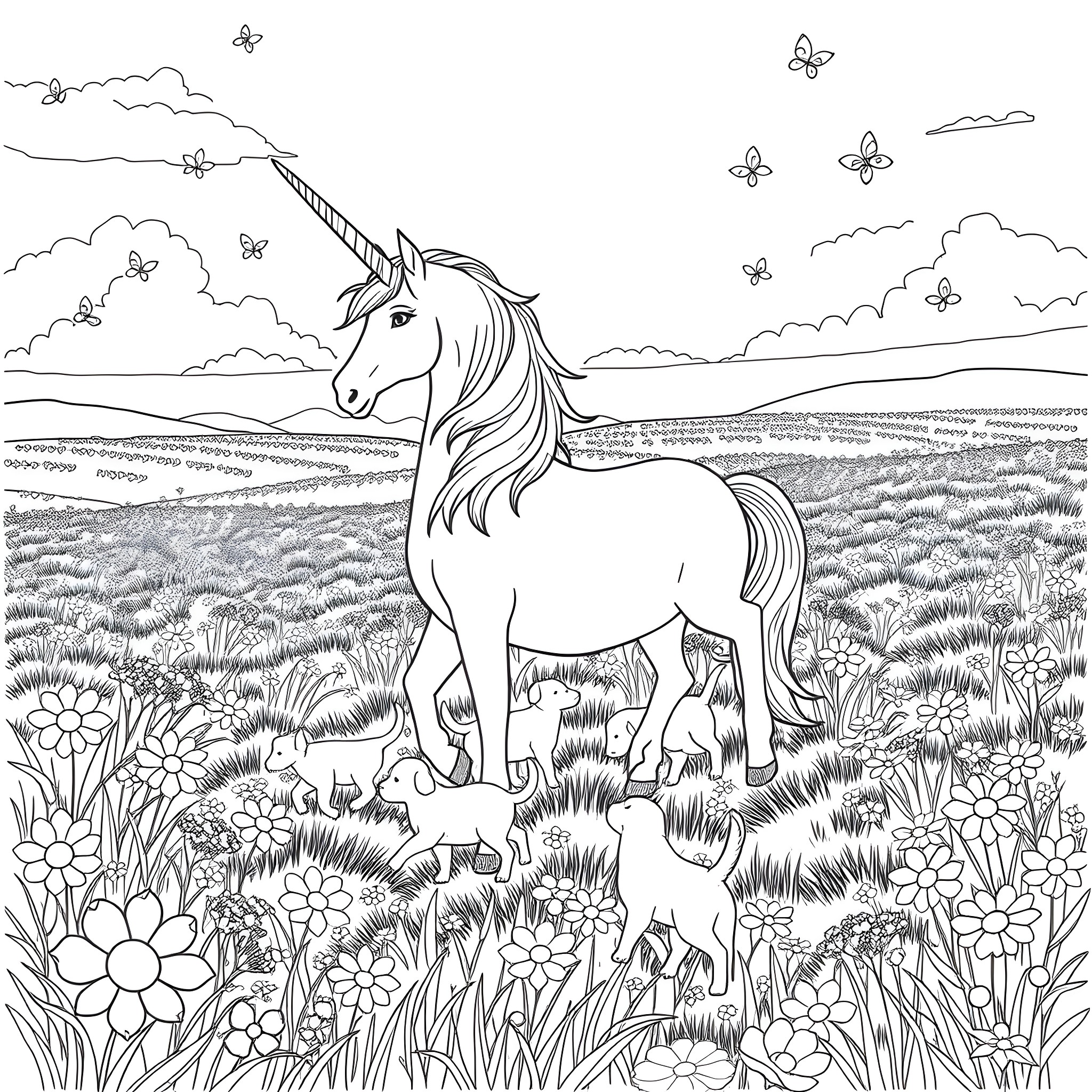 Unicorn standing amidst a field of flowers and butterflies Coloring Page (free black-and-white line drawing printable PDF for all, from beginners to advanced learners, including children, teens, adults, and seniors)