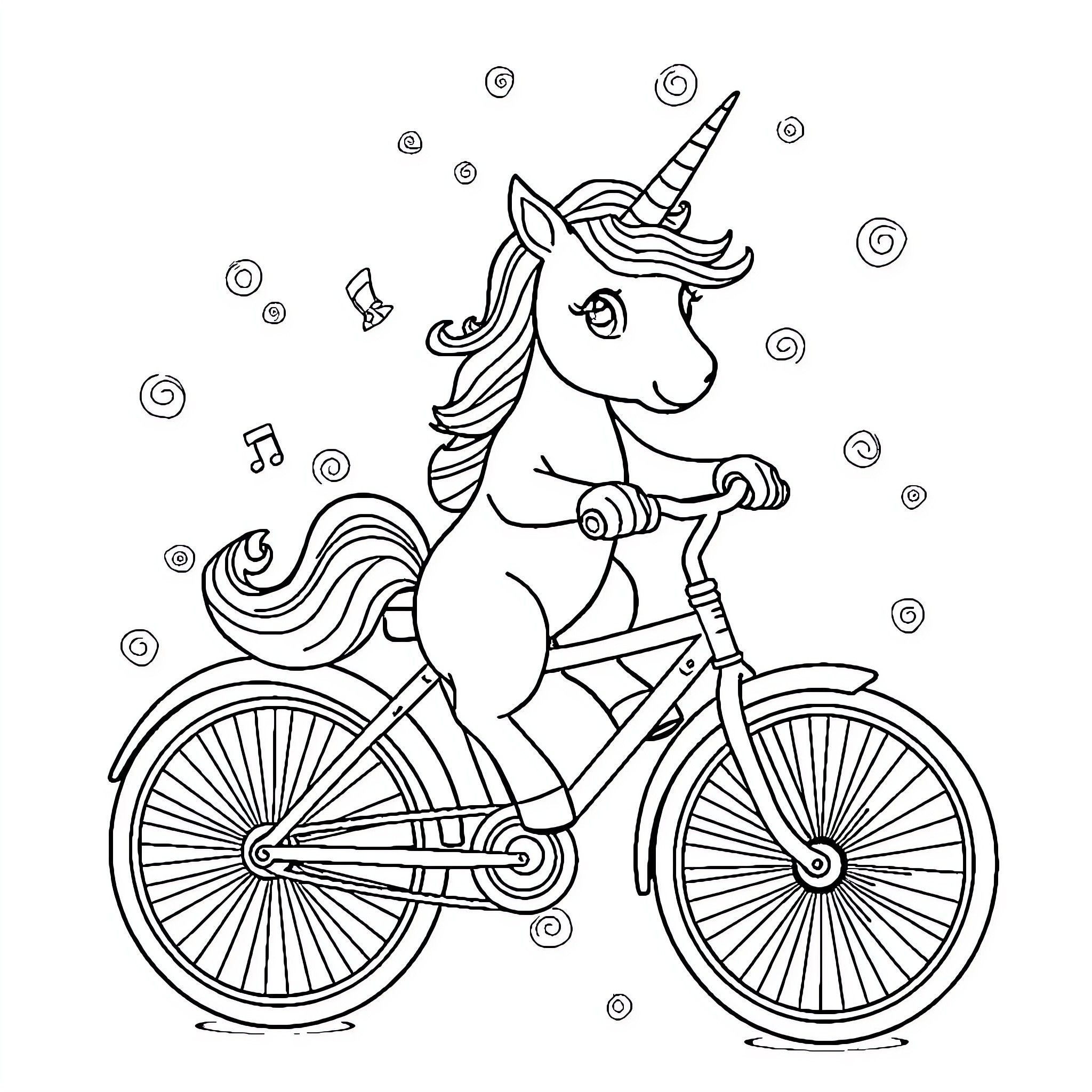 Unicorn riding a bicycle with musical notes Coloring Page (free black-and-white line drawing printable PDF for all, from beginners to advanced learners, including children, teens, adults, and seniors)