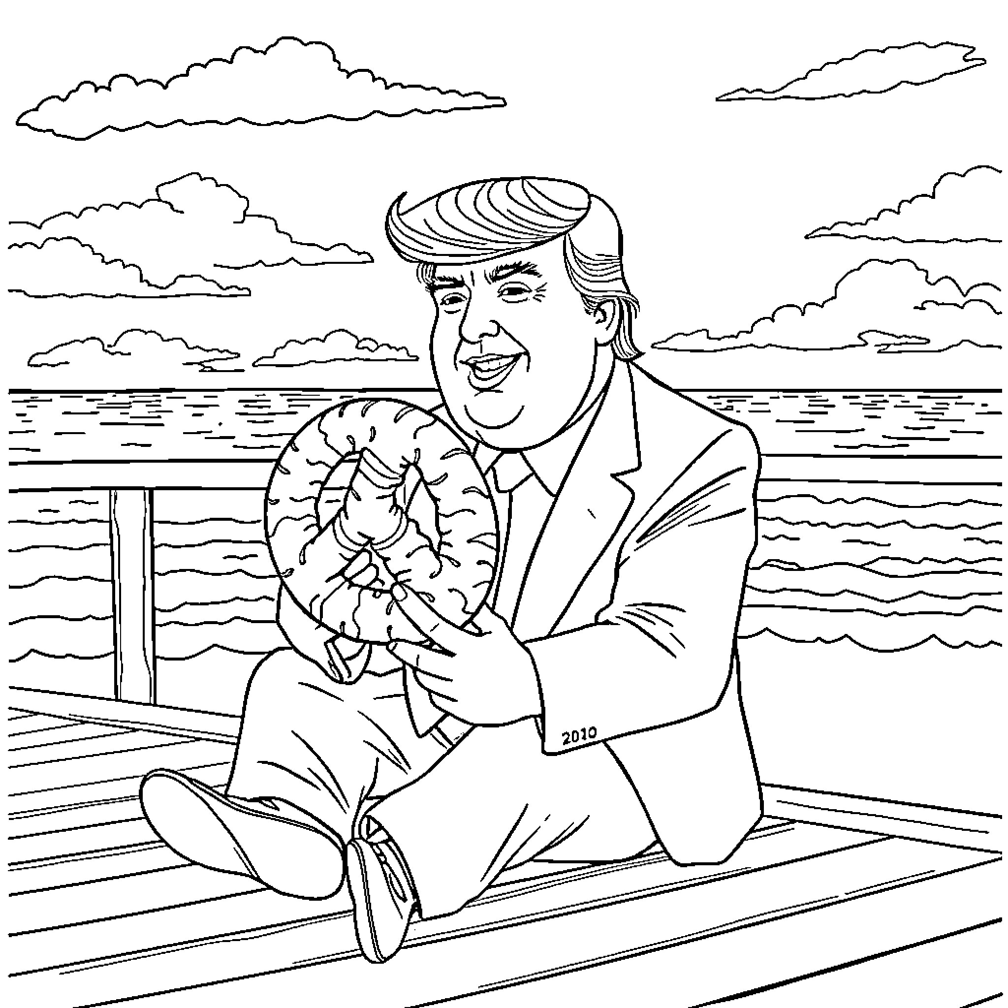 Donald Trump smiles while sitting on a dock Coloring Page (free black-and-white line drawing printable PDF for all, from beginners to advanced learners, including children, teens, adults, and seniors)