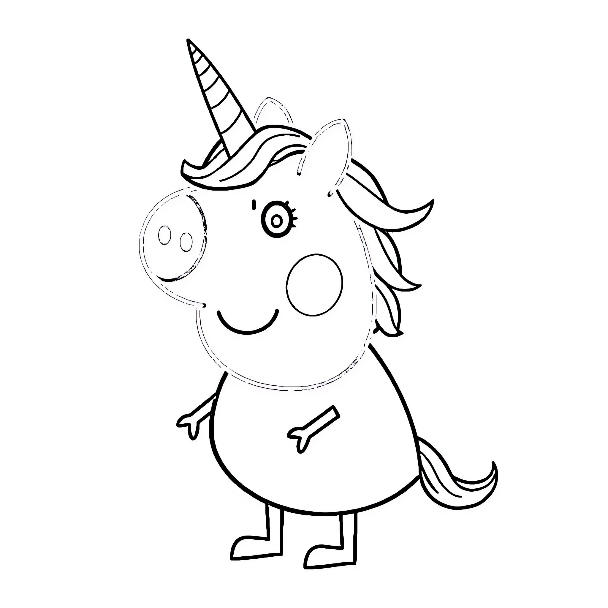 Peppa Pig as a happy unicorn character Coloring Page (free black-and-white line drawing printable PDF for all, from beginners to advanced learners, including children, teens, adults, and seniors)