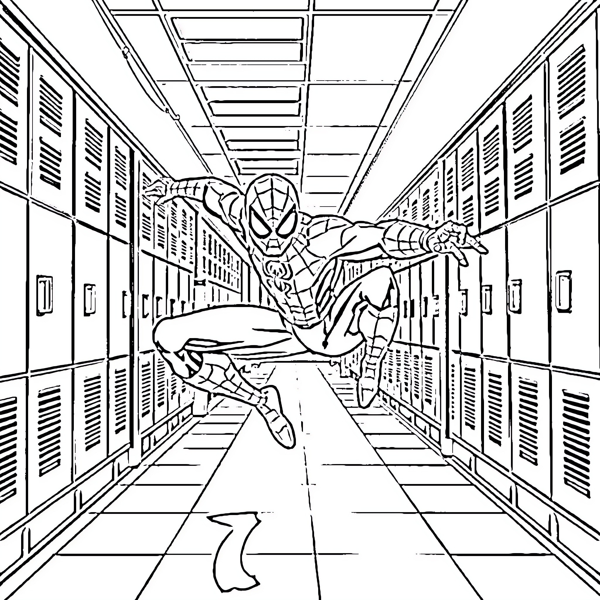 Spiderman swinging through a school hallway Coloring Page (free black-and-white line drawing printable PDF for all, from beginners to advanced learners, including children, teens, adults, and seniors)