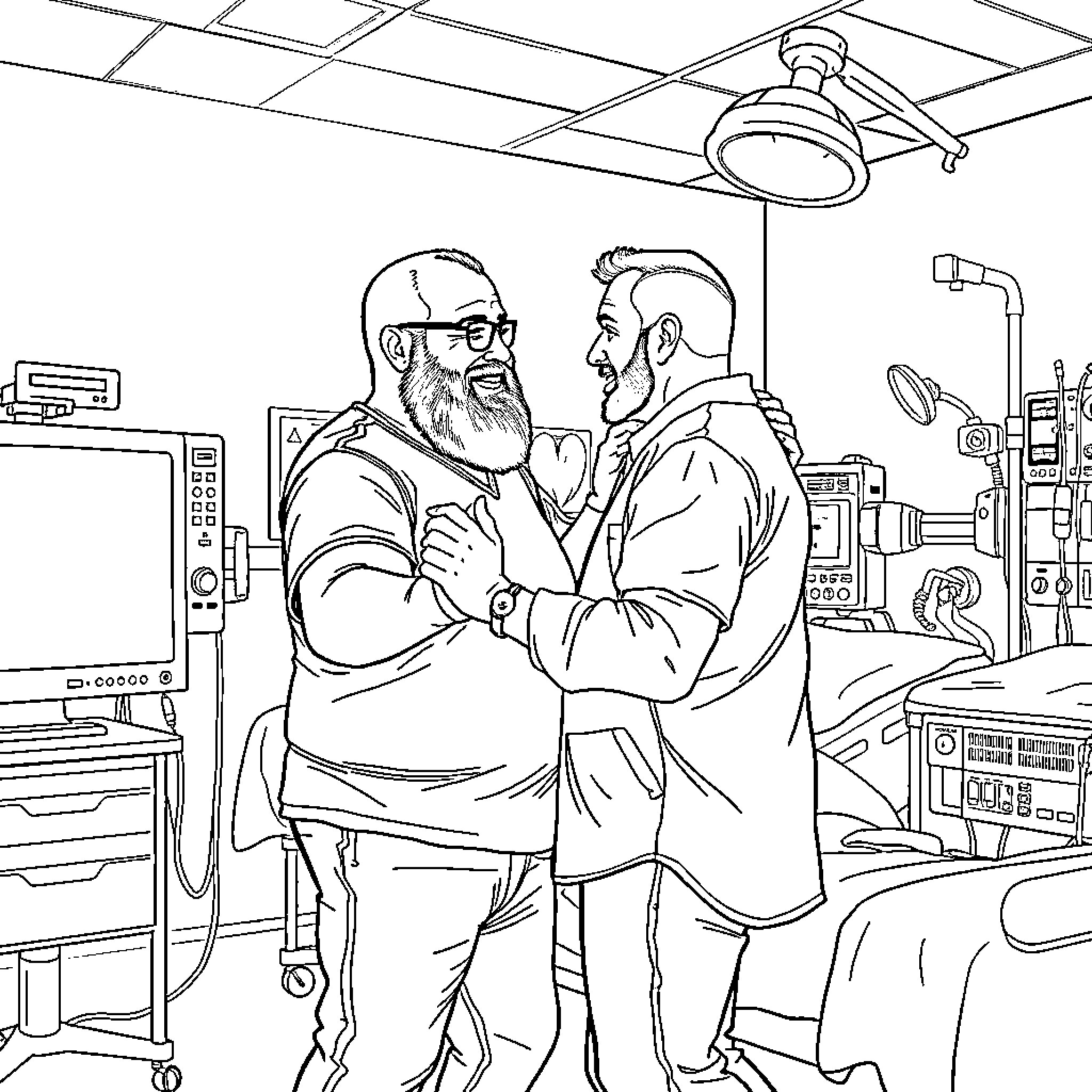 Joe Rogan discusses medical procedures with doctor in hospital setting Coloring Page (free black-and-white line drawing printable PDF for all, from beginners to advanced learners, including children, teens, adults, and seniors)