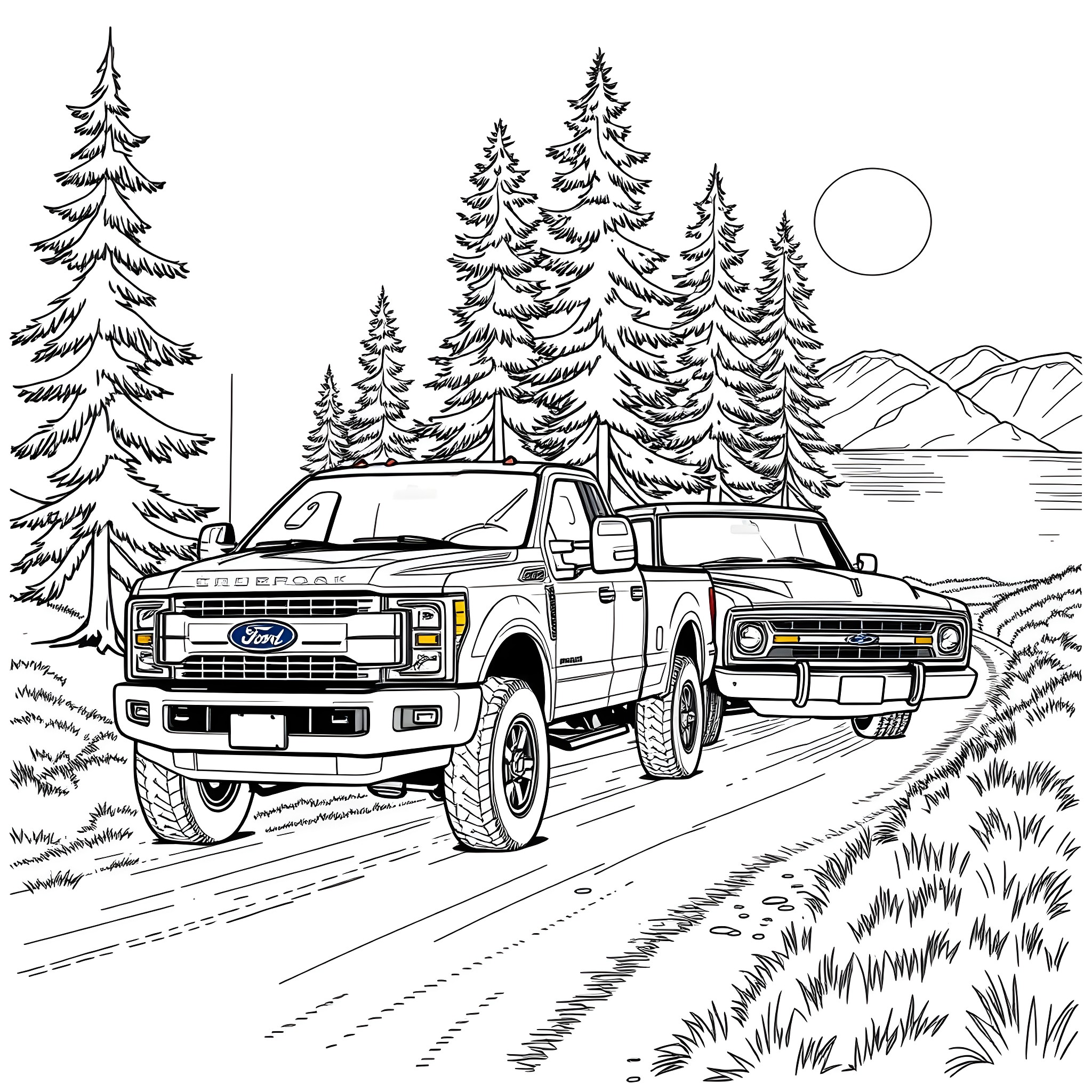 Ford trucks on a rugged mountain trail Coloring Page (free black-and-white line drawing printable PDF for all, from beginners to advanced learners, including children, teens, adults, and seniors)