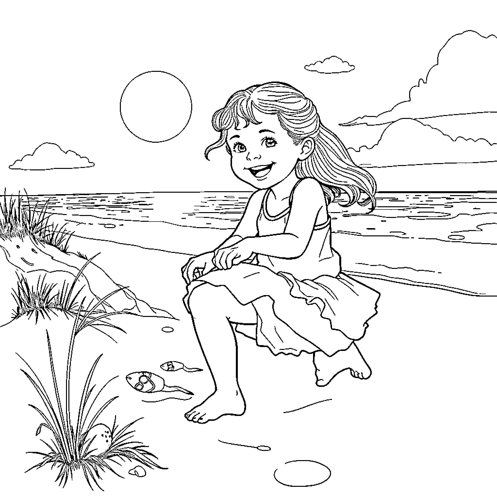 Girl playing happily by the shore Coloring Page (free black-and-white line drawing printable PDF for all, from beginners to advanced learners, including children, teens, adults, and seniors)