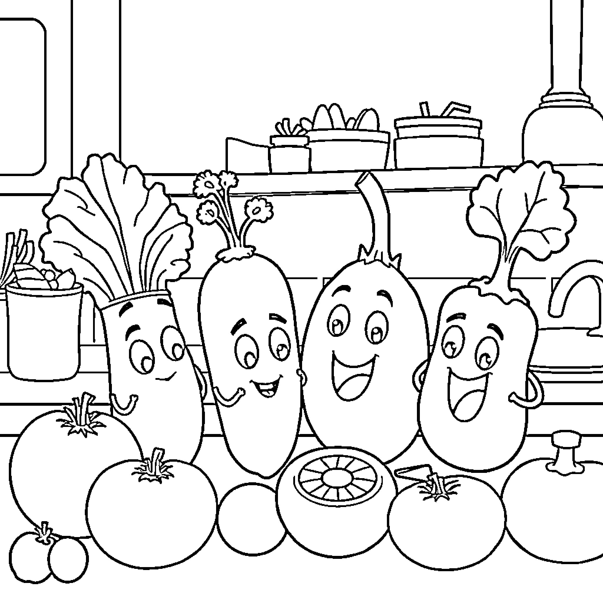 Vegetable Friends in the Kitchen Coloring Page (free black-and-white line drawing printable PDF for all, from beginners to advanced learners, including children, teens, adults, and seniors)