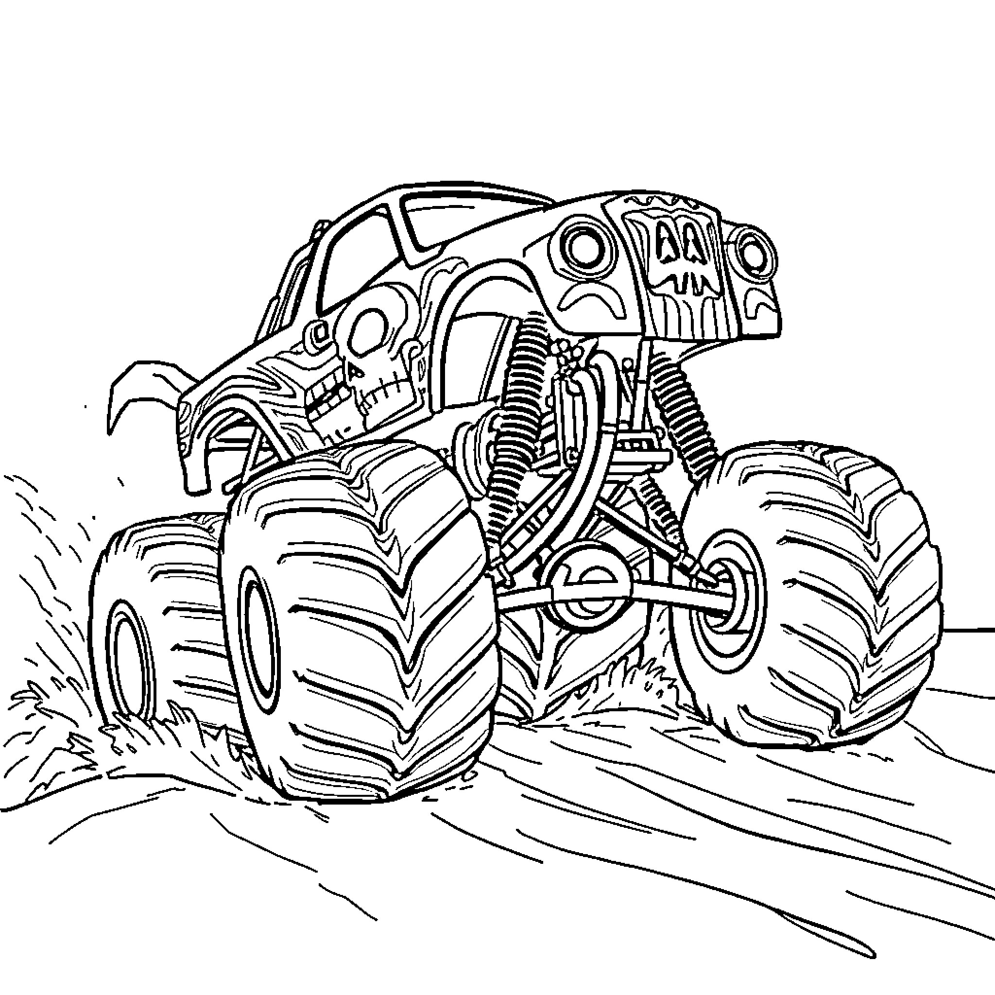 Monster Truck Crushing Through the Terrain Coloring Page (free black-and-white line drawing printable PDF for all, from beginners to advanced learners, including children, teens, adults, and seniors)