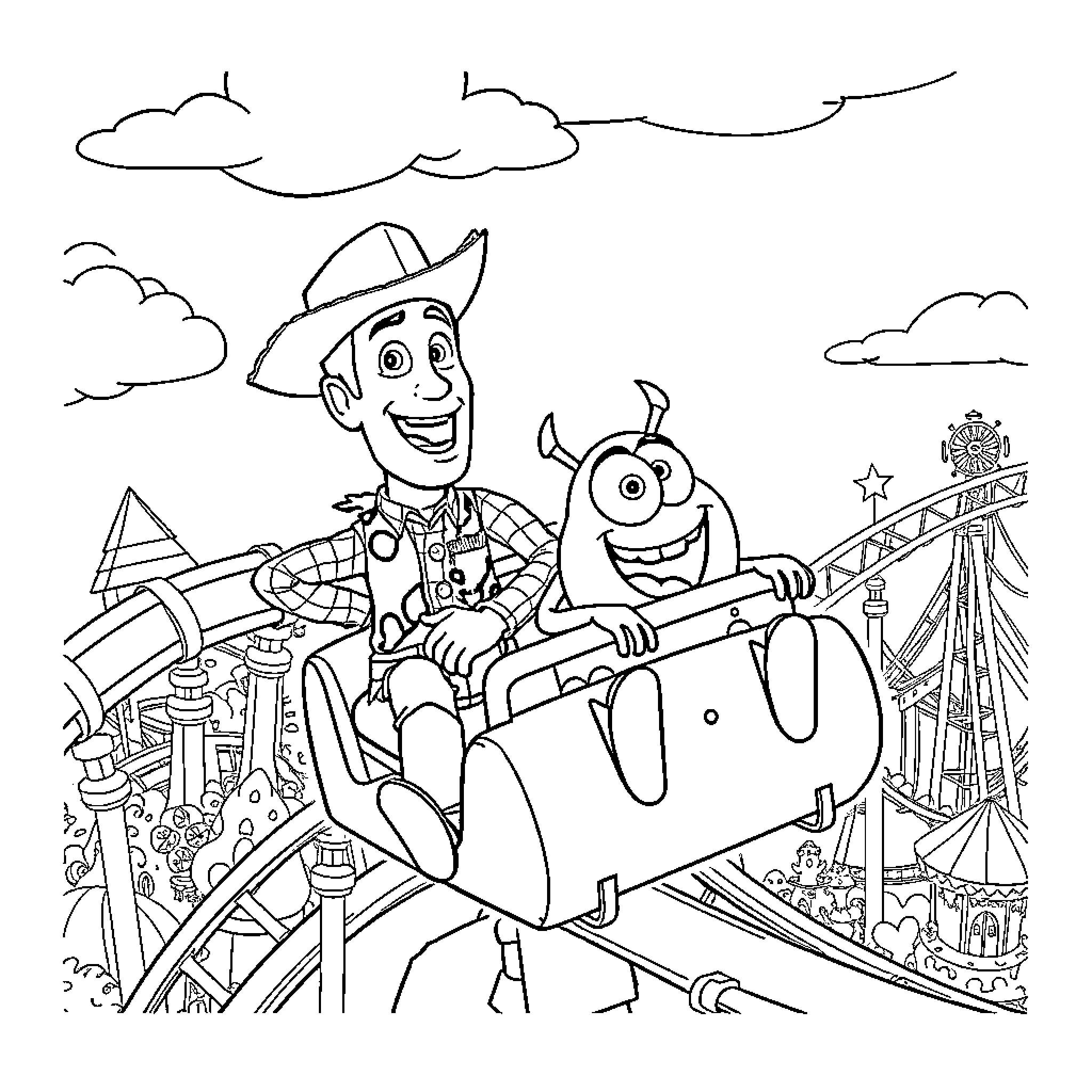 Woody and Alien Enjoying a Thrilling Carnival Ride Coloring Page (free black-and-white line drawing printable PDF for all, from beginners to advanced learners, including children, teens, adults, and seniors)
