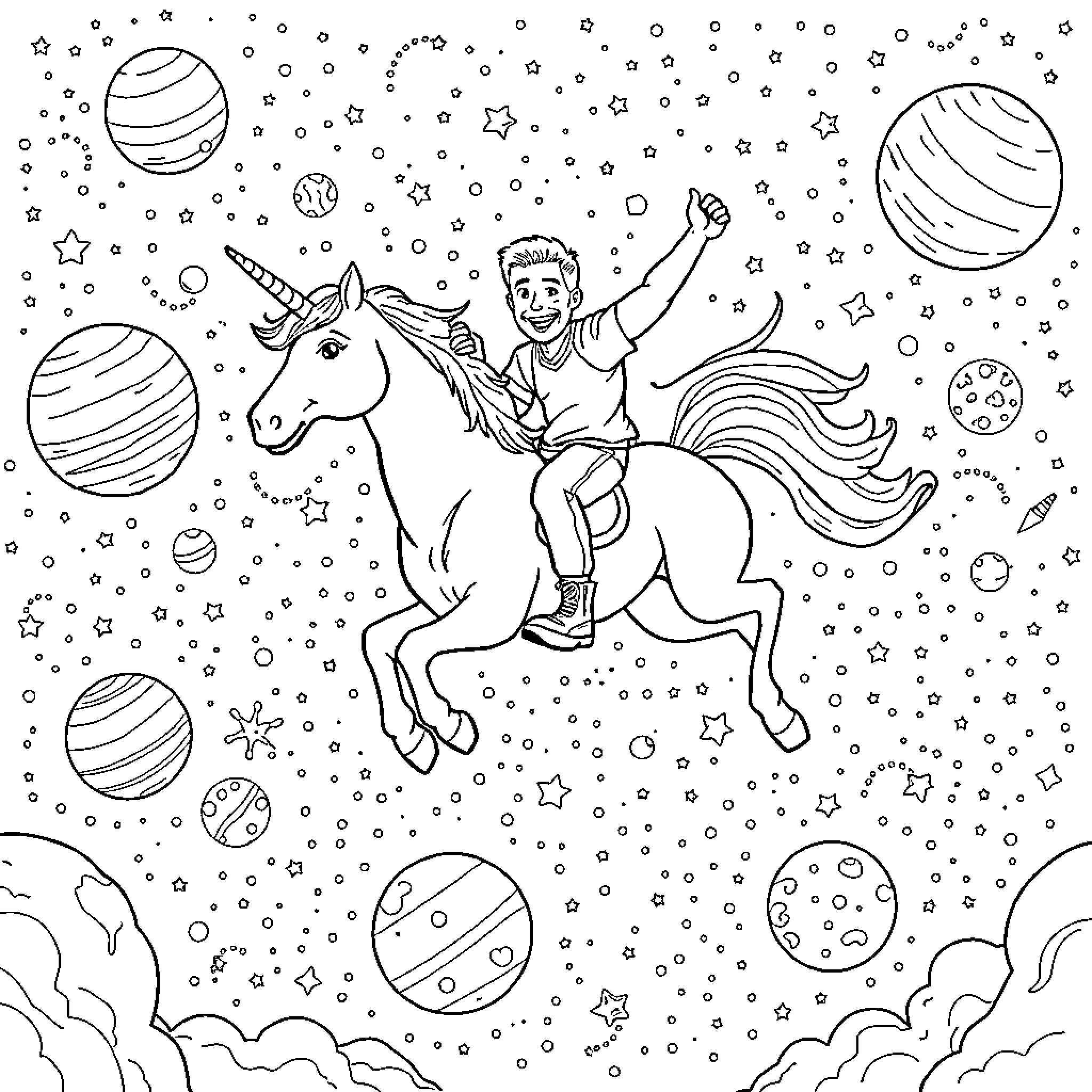 Ryan Reynolds riding a unicorn through a cosmic adventure Coloring Page (free black-and-white line drawing printable PDF for all, from beginners to advanced learners, including children, teens, adults, and seniors)