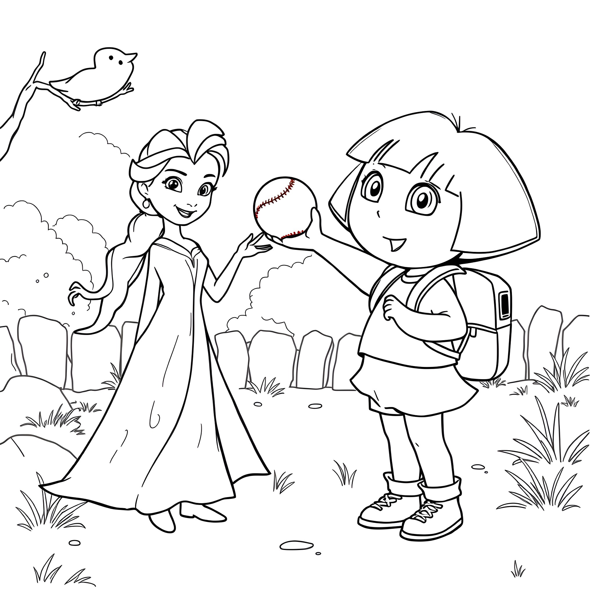 Dora and Boots playing together in the park Coloring Page (free black-and-white line drawing printable PDF for all, from beginners to advanced learners, including children, teens, adults, and seniors)