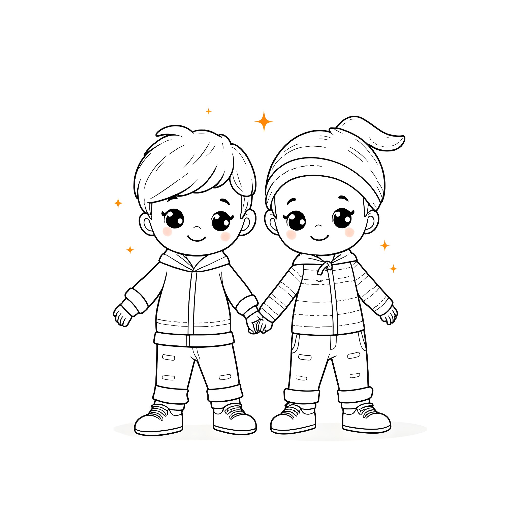Boy and girl in casual winter outfits Coloring Page (free black-and-white line drawing printable PDF for all, from beginners to advanced learners, including children, teens, adults, and seniors)