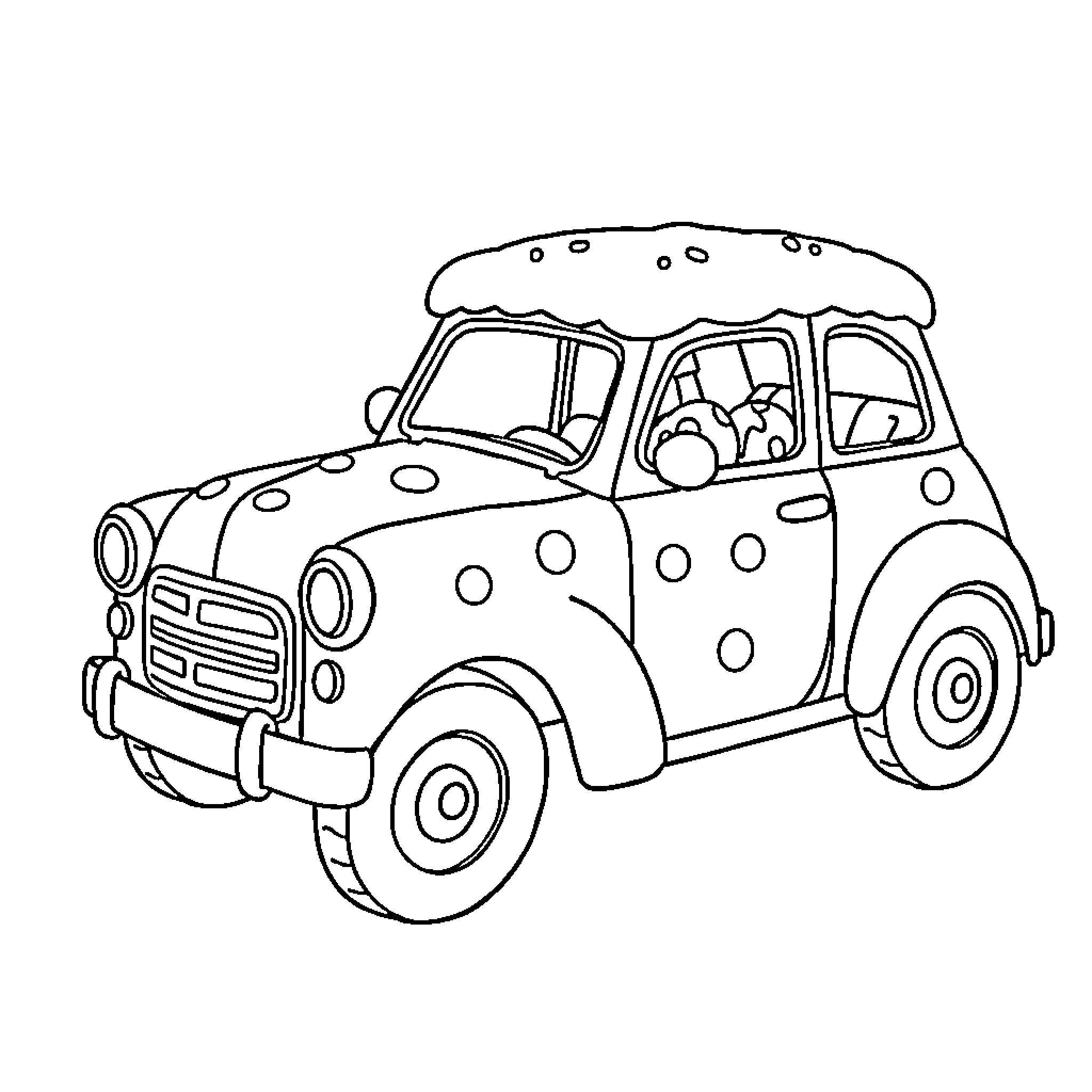 Cookie Car with Polka Dot Design Coloring Page (free black-and-white line drawing printable PDF for all, from beginners to advanced learners, including children, teens, adults, and seniors)