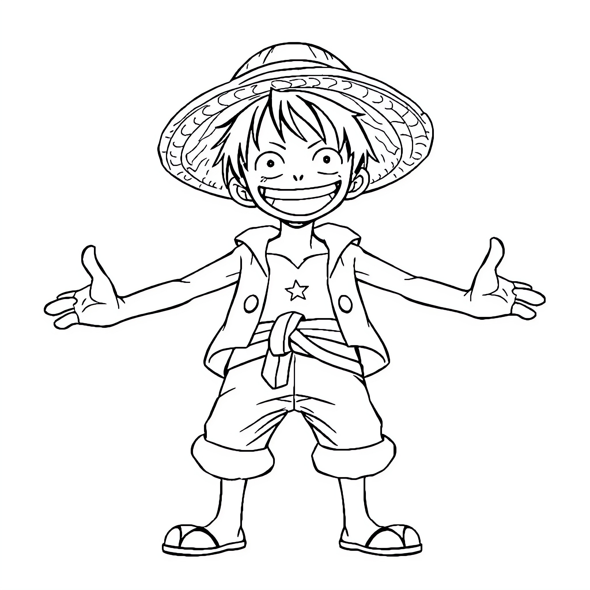 Monkey D Luffy in Straw Hat Posing Cheerfully Coloring Page (free black-and-white line drawing printable PDF for all, from beginners to advanced learners, including children, teens, adults, and seniors)