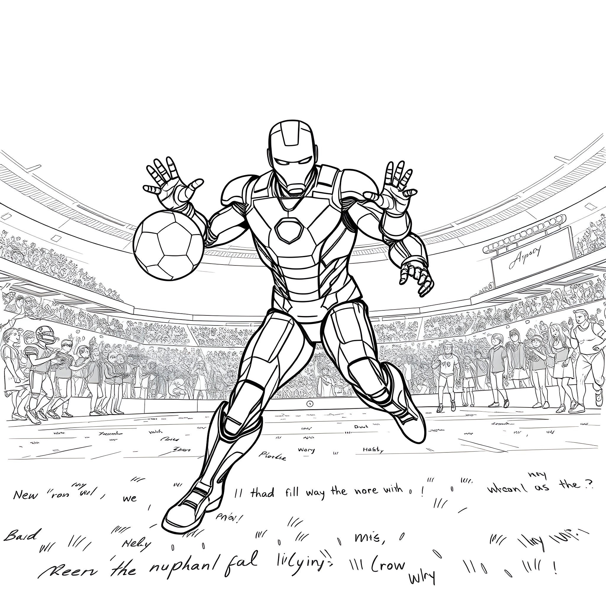 Iron Man playing soccer in a stadium Coloring Page (free black-and-white line drawing printable PDF for all, from beginners to advanced learners, including children, teens, adults, and seniors)