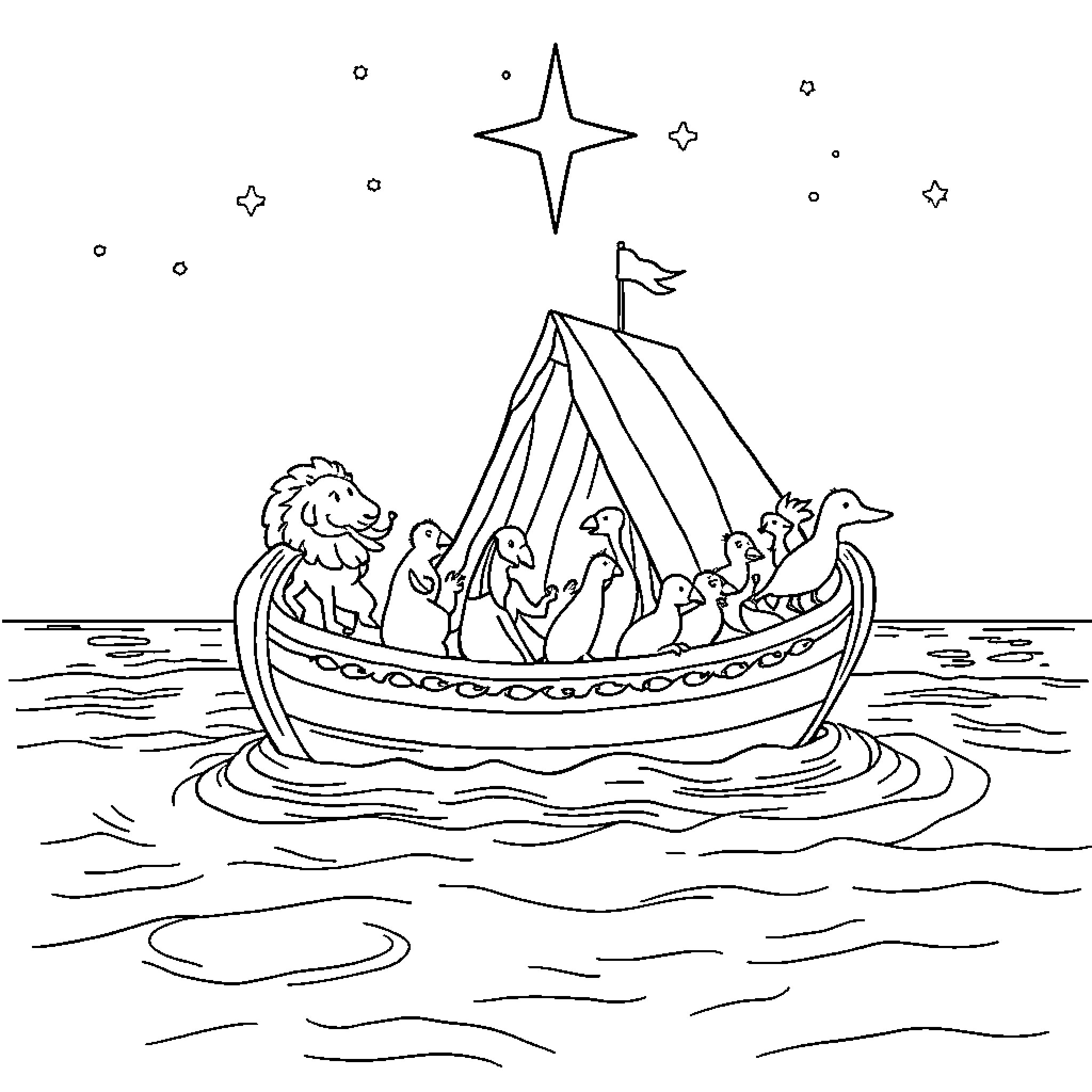 Noah's Ark with animals sailing on the waters Coloring Page (free black-and-white line drawing printable PDF for all, from beginners to advanced learners, including children, teens, adults, and seniors)
