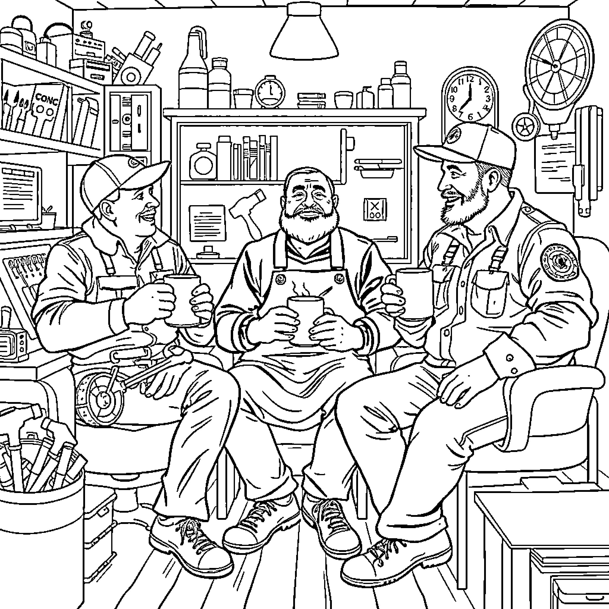 Man in overalls having casual discussion with coworkers in workshop Coloring Page (free black-and-white line drawing printable PDF for all, from beginners to advanced learners, including children, teens, adults, and seniors)