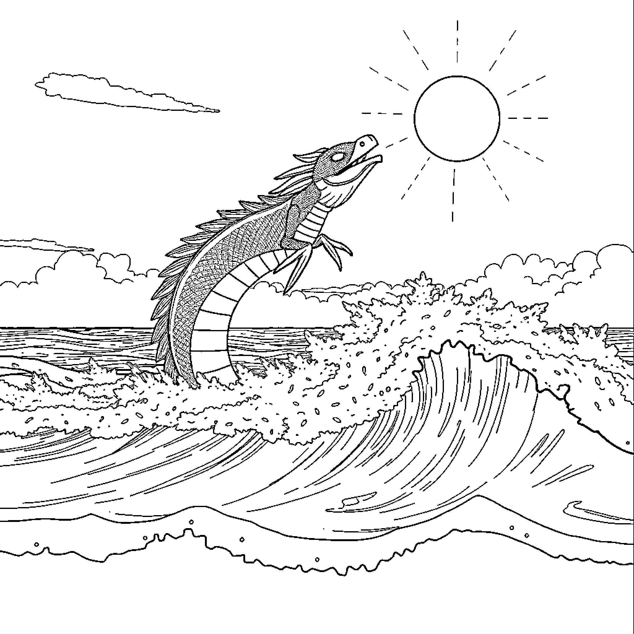 Dragon soaring over the crashing waves Coloring Page (free black-and-white line drawing printable PDF for all, from beginners to advanced learners, including children, teens, adults, and seniors)