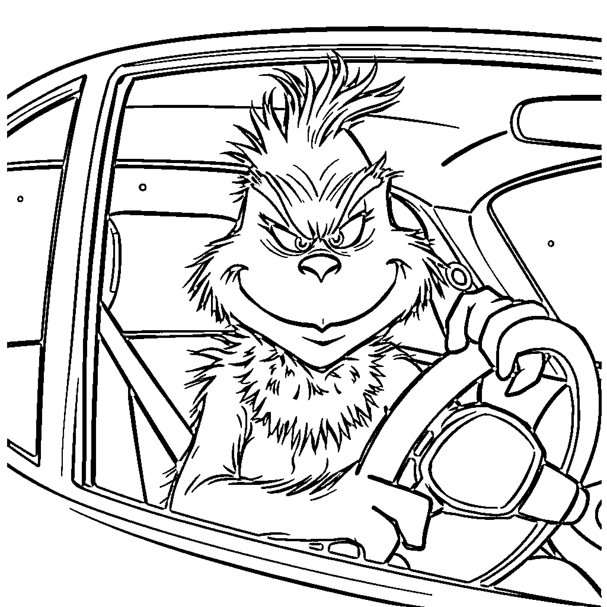 Monsieur Grincheux behind the wheel of a car Coloring Page (free black-and-white line drawing printable PDF for all, from beginners to advanced learners, including children, teens, adults, and seniors)