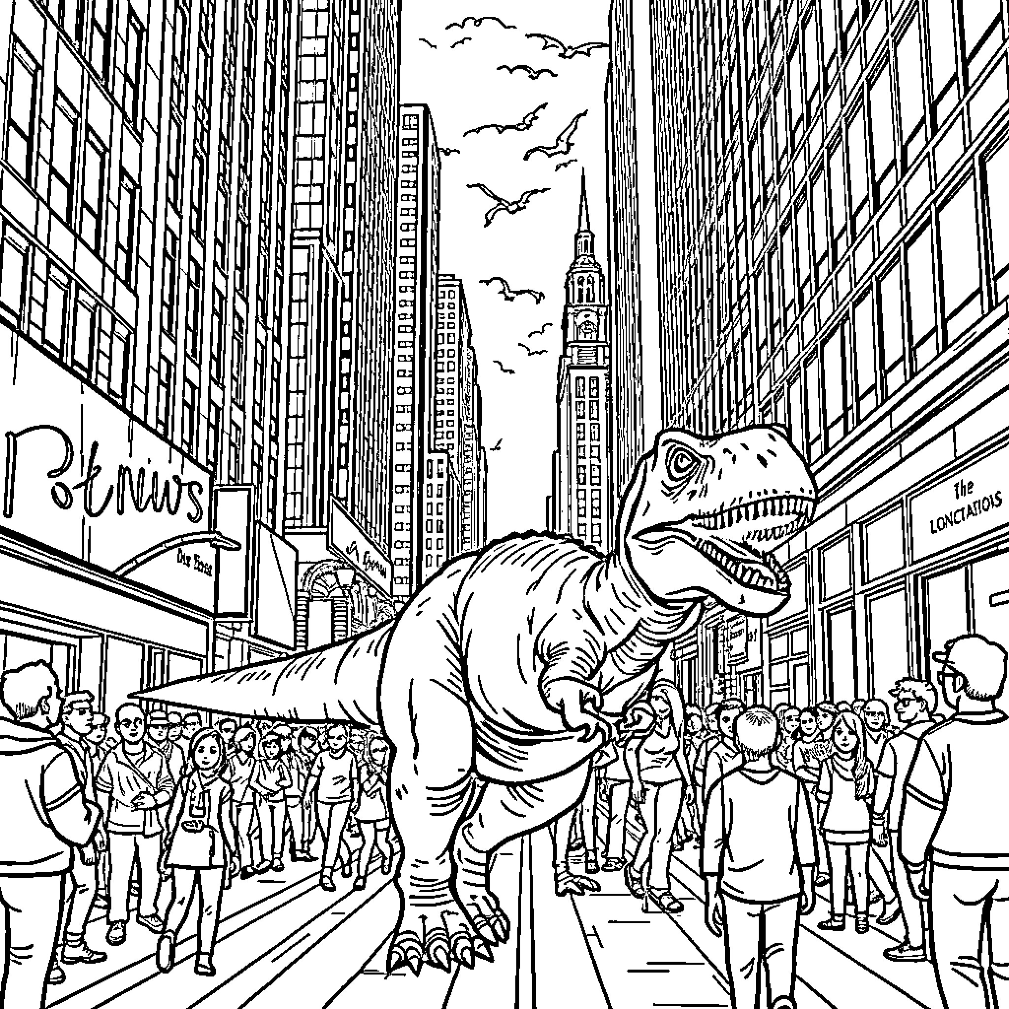 Dinosaur Roaming through Bustling City Street Coloring Page (free black-and-white line drawing printable PDF for all, from beginners to advanced learners, including children, teens, adults, and seniors)