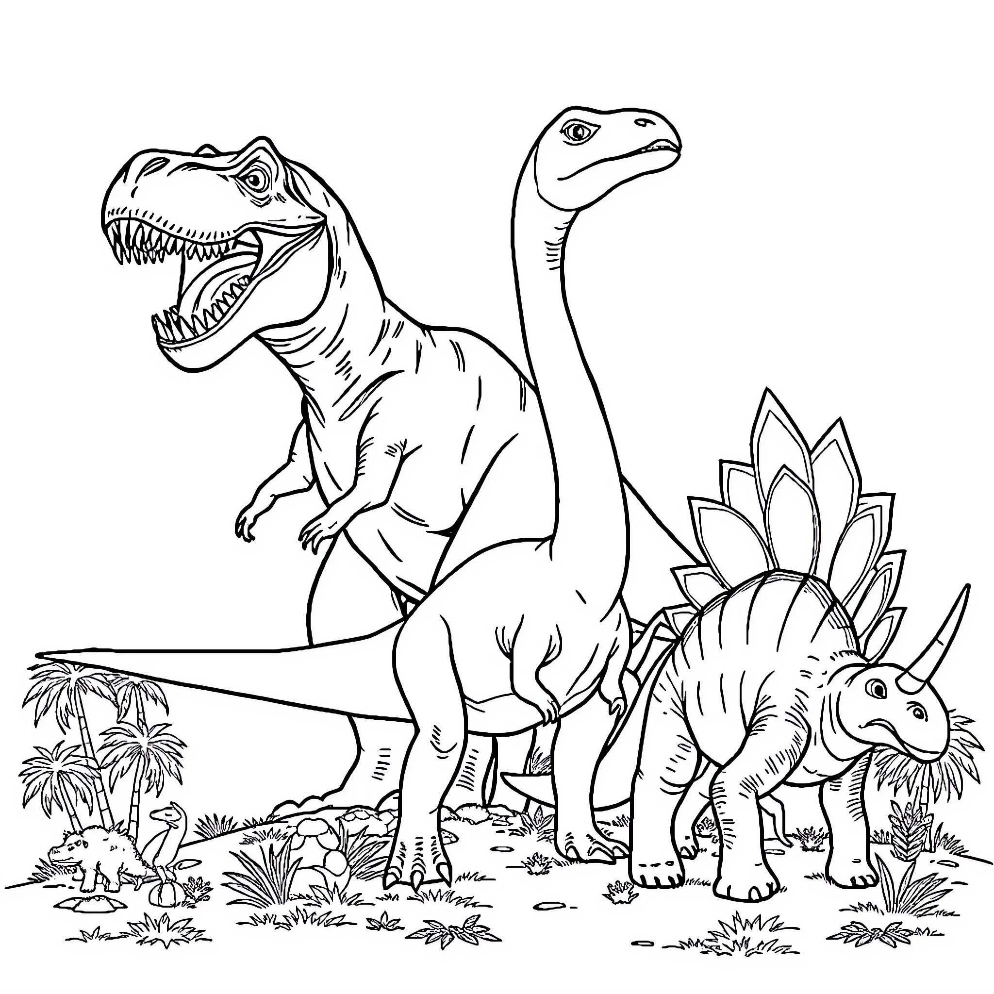 Dinosaurs in Prehistoric Landscape Coloring Page (free black-and-white line drawing printable PDF for all, from beginners to advanced learners, including children, teens, adults, and seniors)