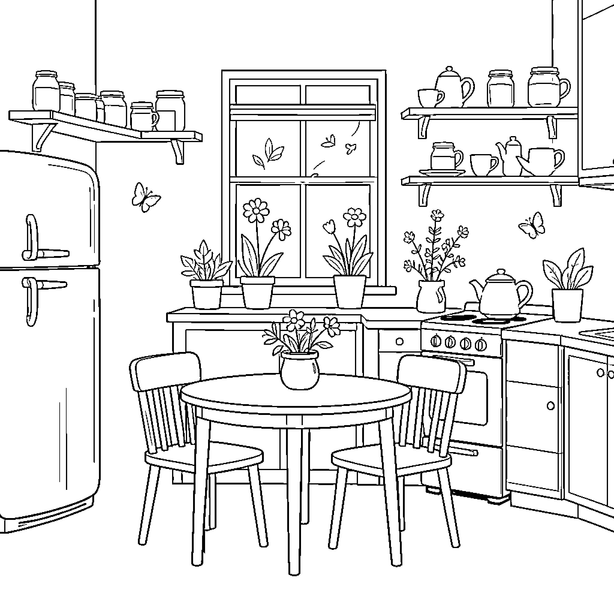 Kitchen Scene with Flowers and Cozy Decor Coloring Page (free black-and-white line drawing printable PDF for all, from beginners to advanced learners, including children, teens, adults, and seniors)