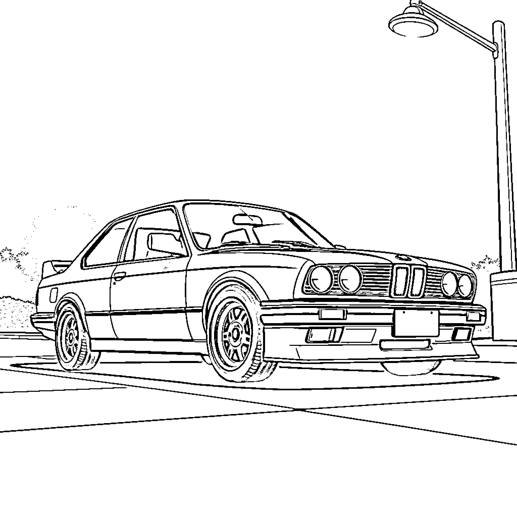BMW parked under streetlight on urban street Coloring Page (free black-and-white line drawing printable PDF for all, from beginners to advanced learners, including children, teens, adults, and seniors)