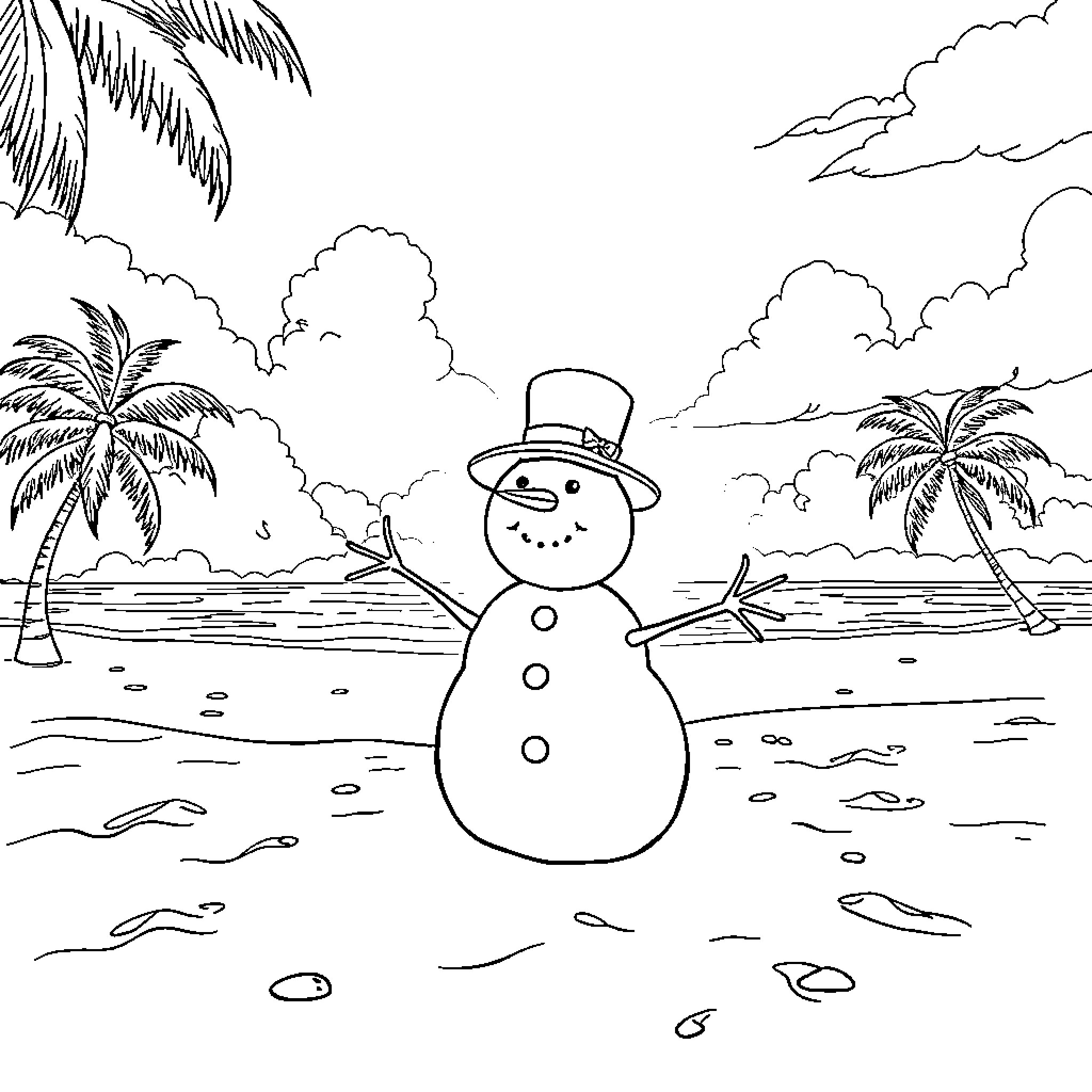 Snowman enjoying tropical vacation on the beach Coloring Page (free black-and-white line drawing printable PDF for all, from beginners to advanced learners, including children, teens, adults, and seniors)