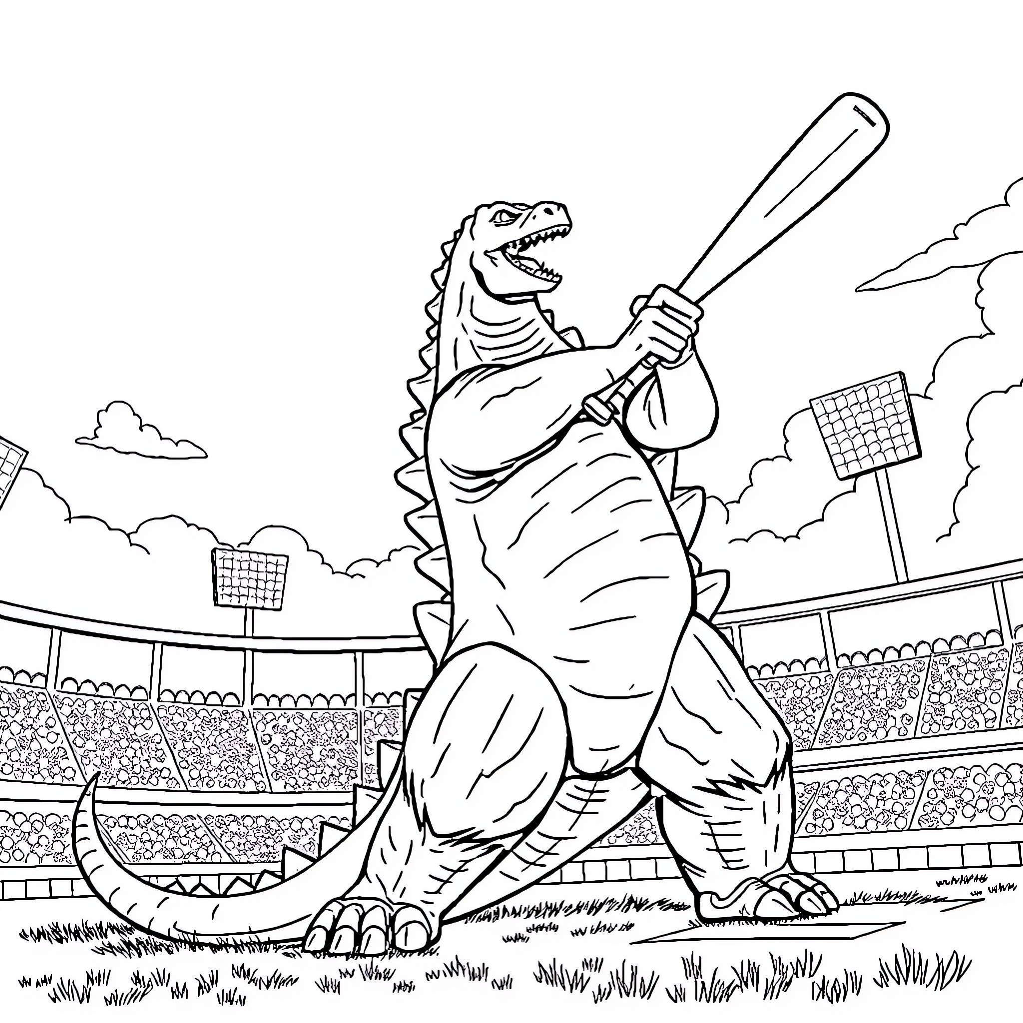Godzilla playing baseball in the stadium Coloring Page (free black-and-white line drawing printable PDF for all, from beginners to advanced learners, including children, teens, adults, and seniors)