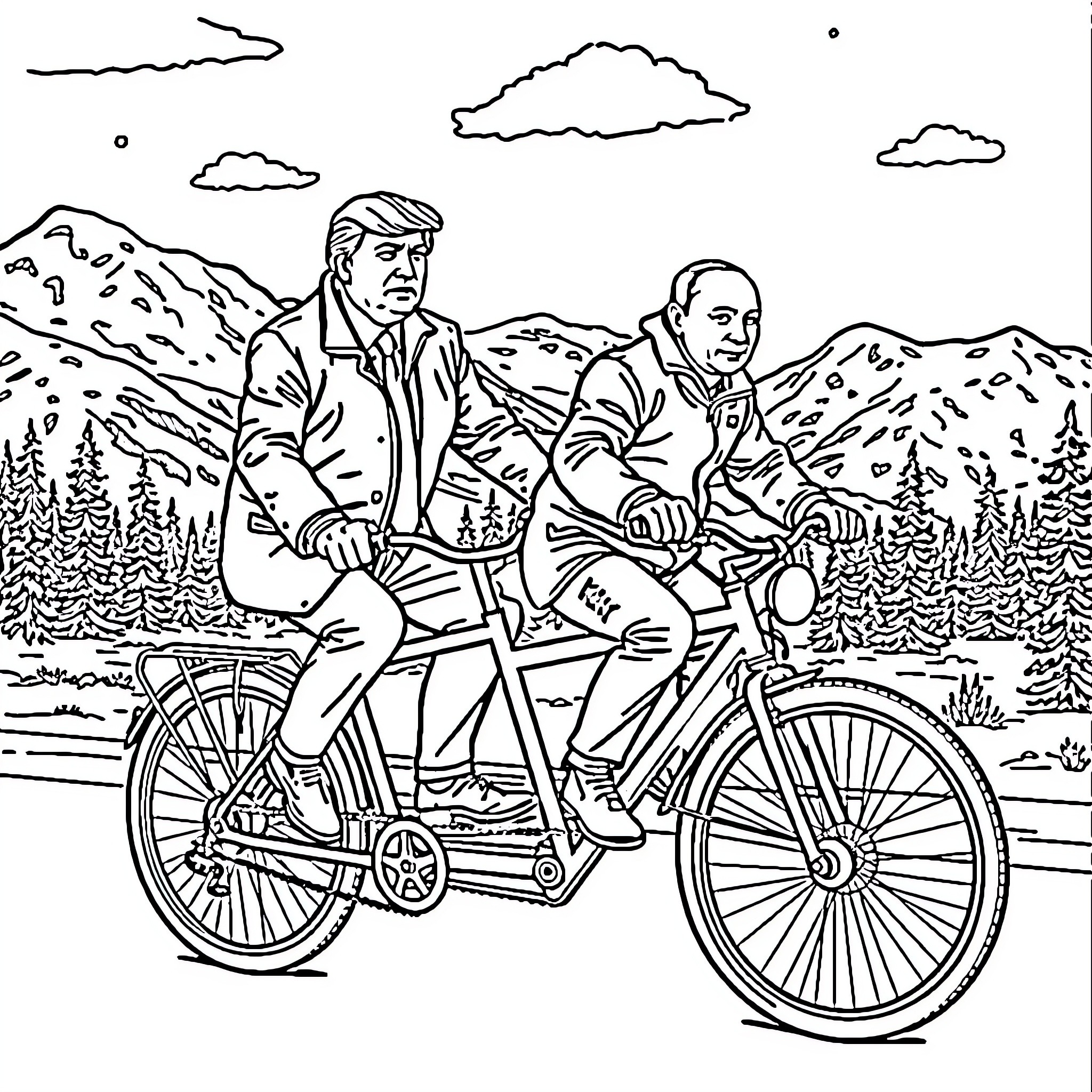 Trump and companion biking through mountainous landscape Coloring Page (free black-and-white line drawing printable PDF for all, from beginners to advanced learners, including children, teens, adults, and seniors)