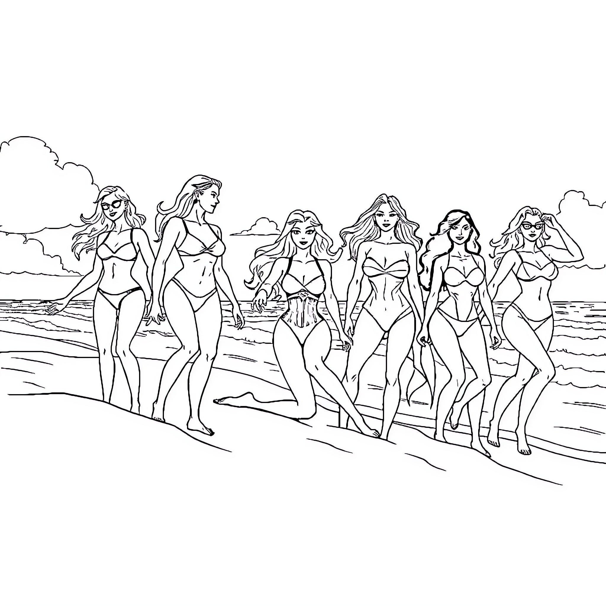 Justice League Women Enjoying Beach Vacation Coloring Page (free black-and-white line drawing printable PDF for all, from beginners to advanced learners, including children, teens, adults, and seniors)