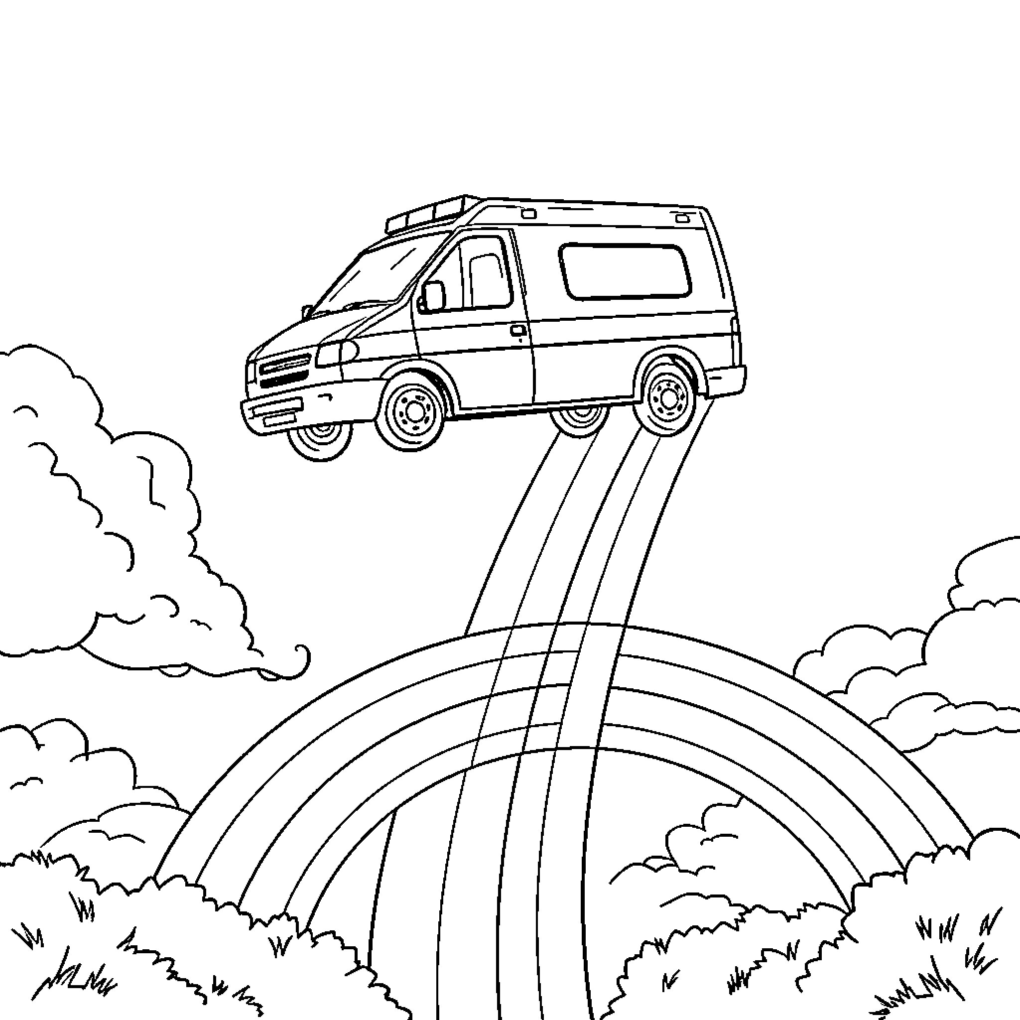 Ambulance Soaring Over Rainbow in the Sky Coloring Page (free black-and-white line drawing printable PDF for all, from beginners to advanced learners, including children, teens, adults, and seniors)