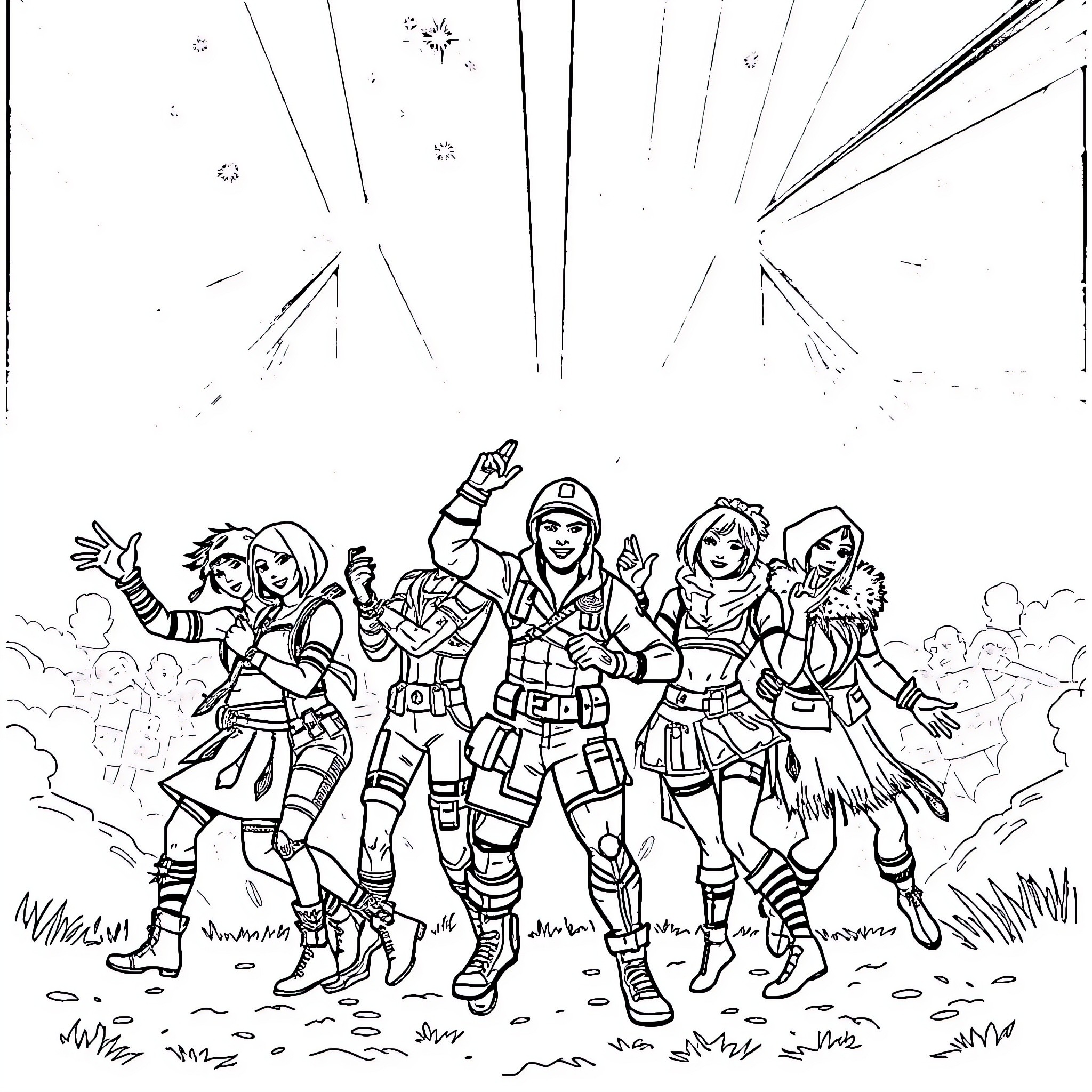 Fortnite Character Squad in Action Poses Coloring Page (free black-and-white line drawing printable PDF for all, from beginners to advanced learners, including children, teens, adults, and seniors)