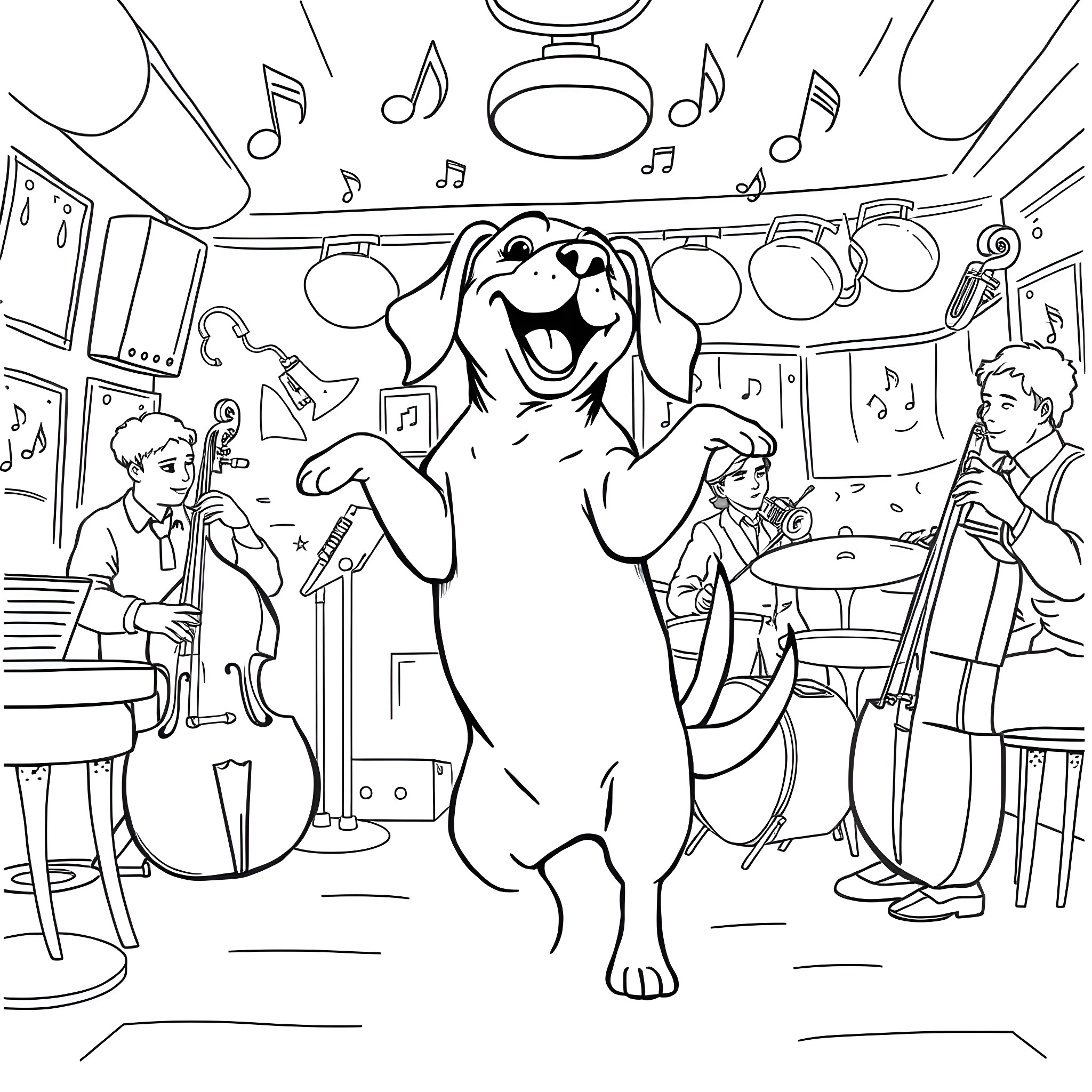 Beagle Enjoying Music in Band Practice Coloring Page (free black-and-white line drawing printable PDF for all, from beginners to advanced learners, including children, teens, adults, and seniors)