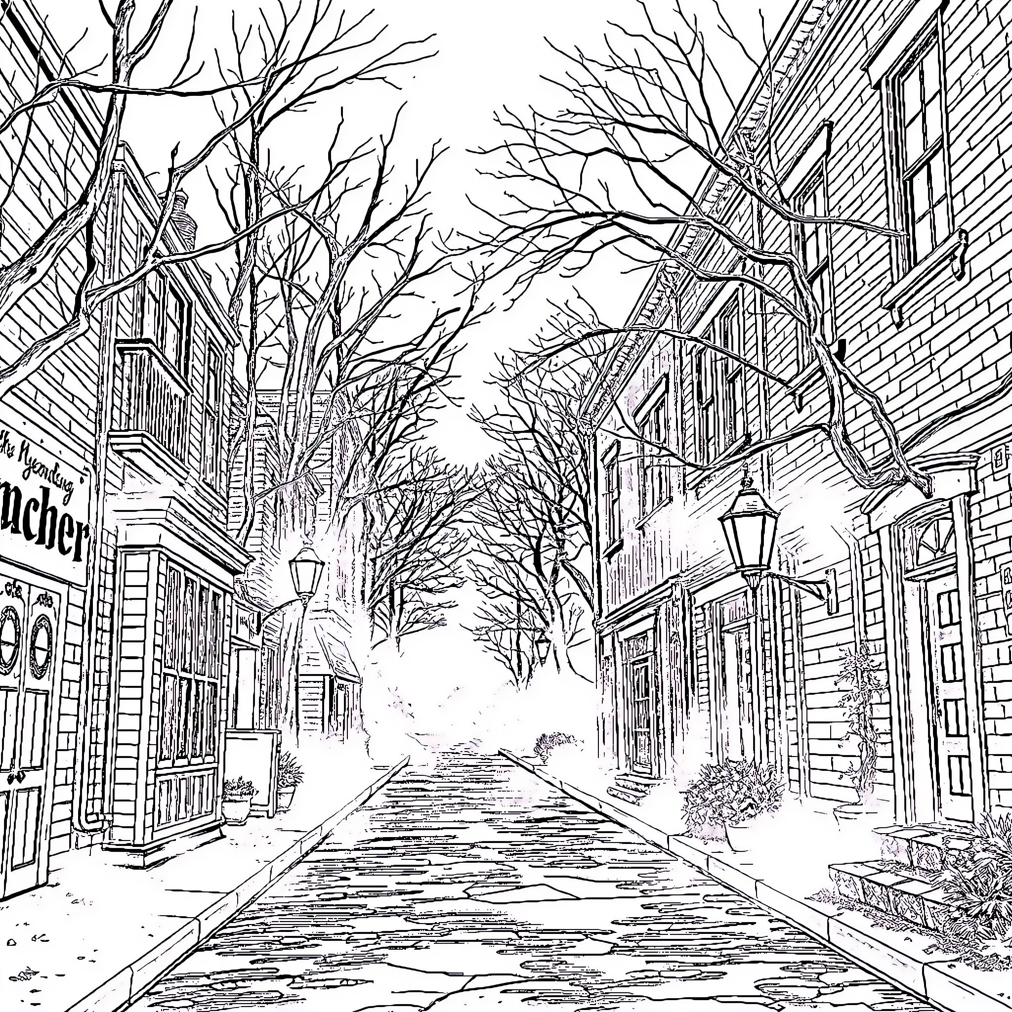 Mystery Winter Street in a Snowy Town Coloring Page (free black-and-white line drawing printable PDF for all, from beginners to advanced learners, including children, teens, adults, and seniors)
