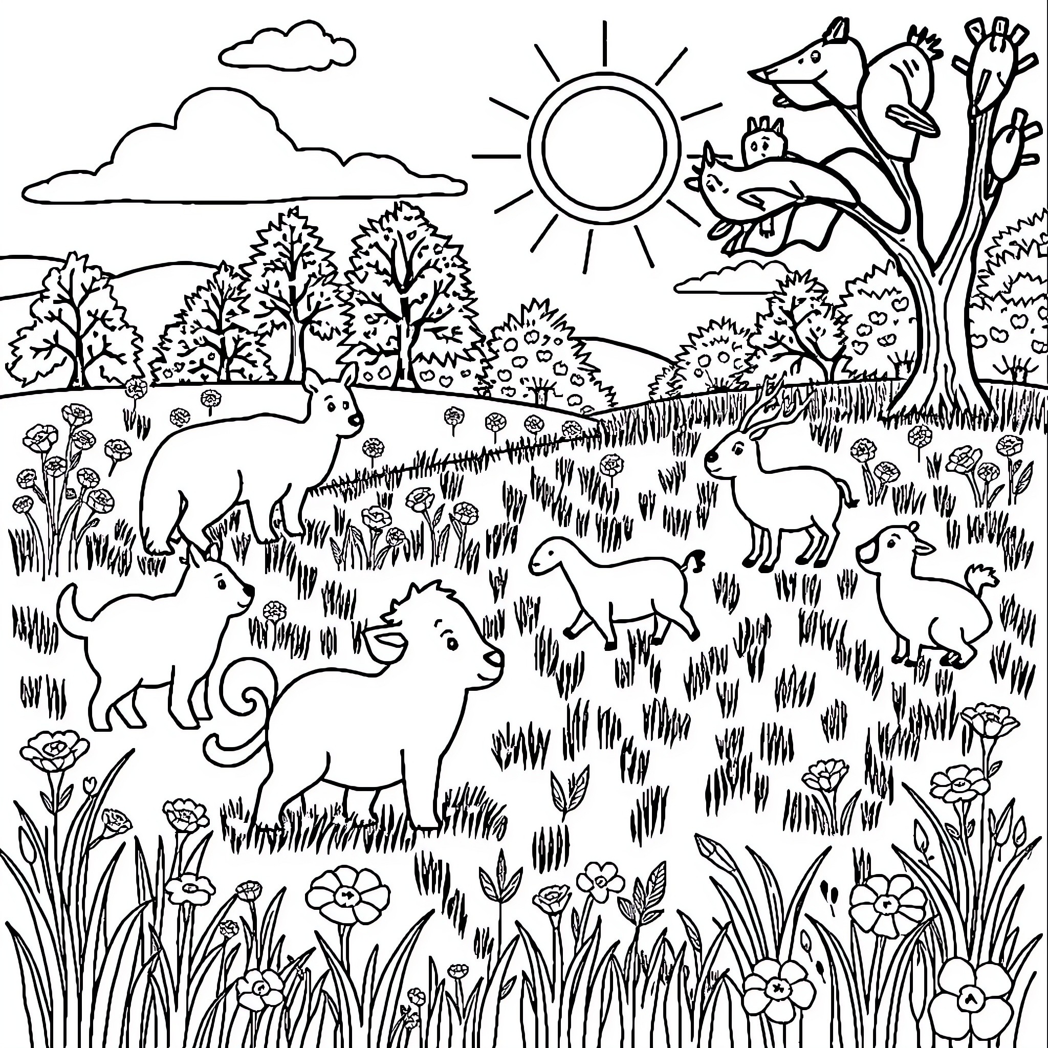 Animal enjoying idyllic countryside landscape Coloring Page (free black-and-white line drawing printable PDF for all, from beginners to advanced learners, including children, teens, adults, and seniors)