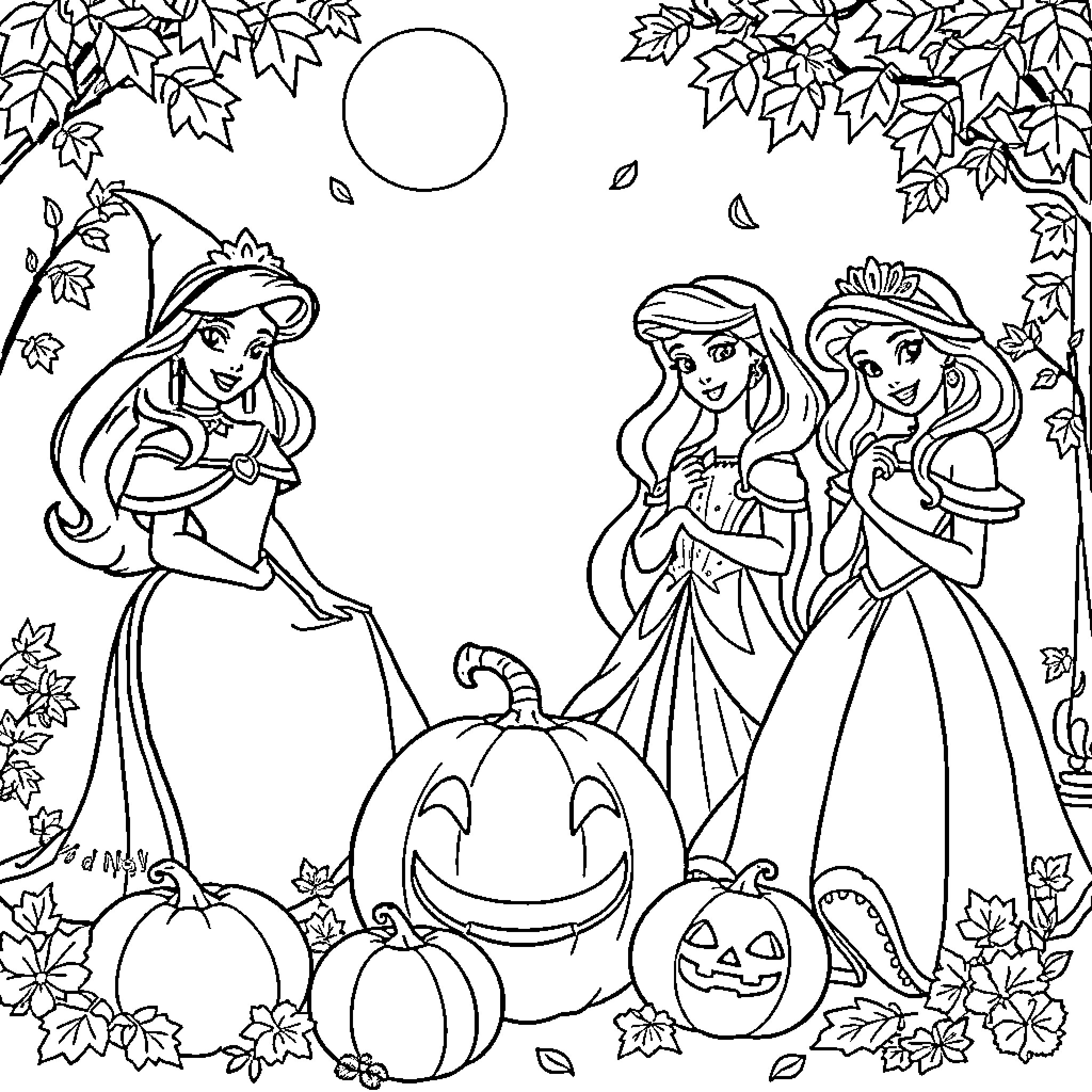 Disney Princess Celebrating Autumn's Arrival Coloring Page (free black-and-white line drawing printable PDF for all, from beginners to advanced learners, including children, teens, adults, and seniors)