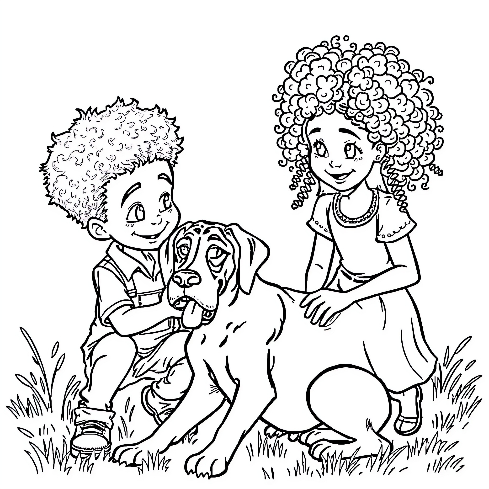 Boy and Girl Playing with Friendly Dog Coloring Page (free black-and-white line drawing printable PDF for all, from beginners to advanced learners, including children, teens, adults, and seniors)
