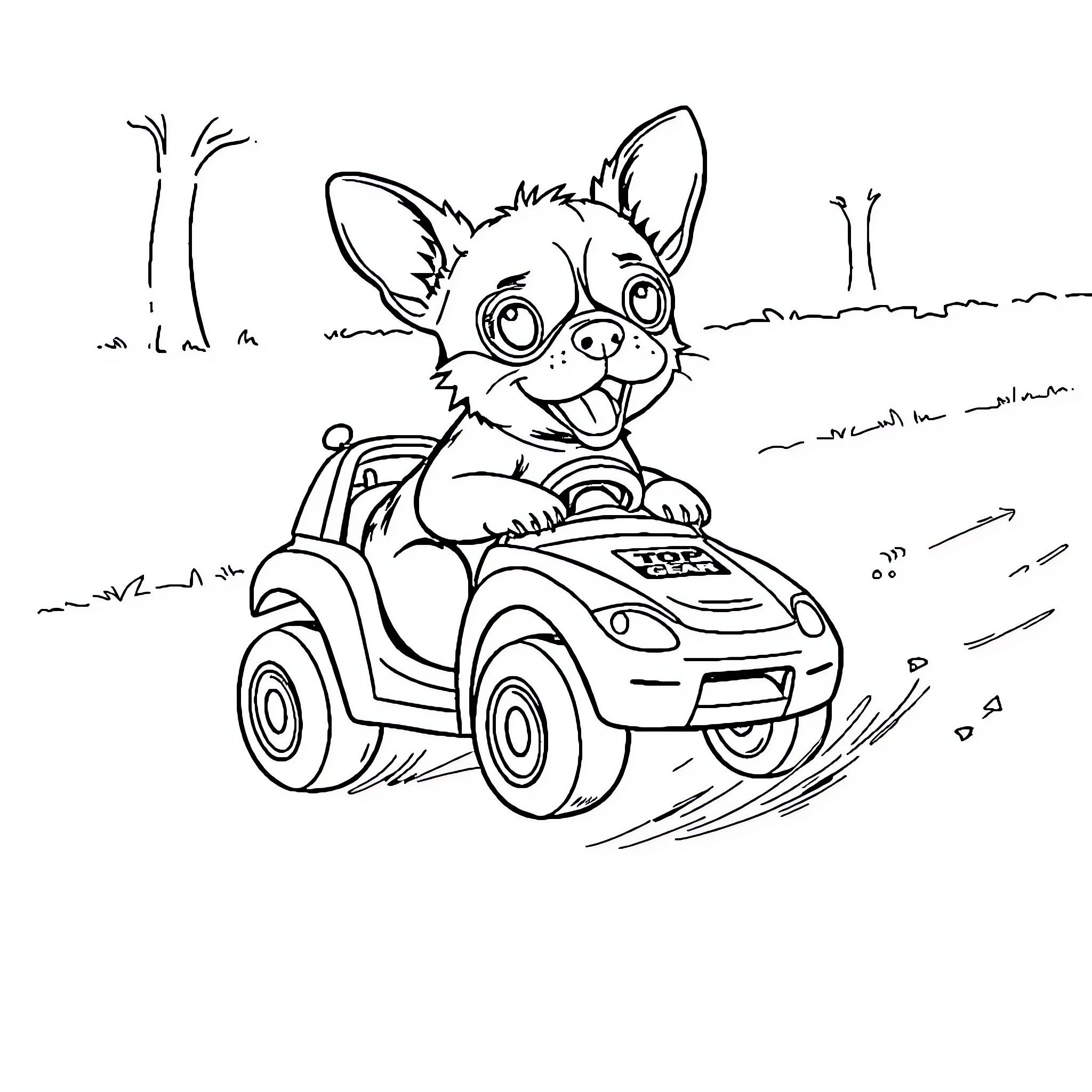 Puppy driving a toy car happily Coloring Page (free black-and-white line drawing printable PDF for all, from beginners to advanced learners, including children, teens, adults, and seniors)