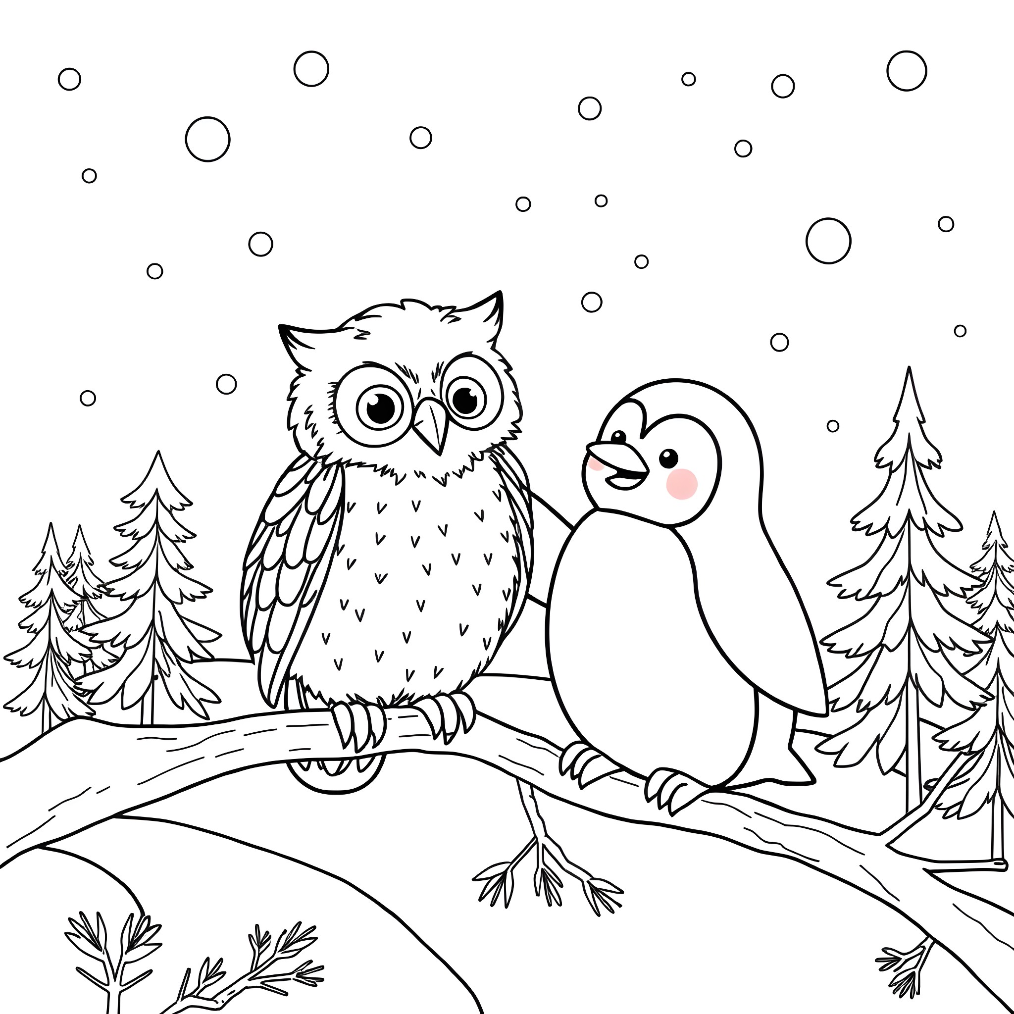Owl and Penguin in Snowy Forest Coloring Page (free black-and-white line drawing printable PDF for all, from beginners to advanced learners, including children, teens, adults, and seniors)