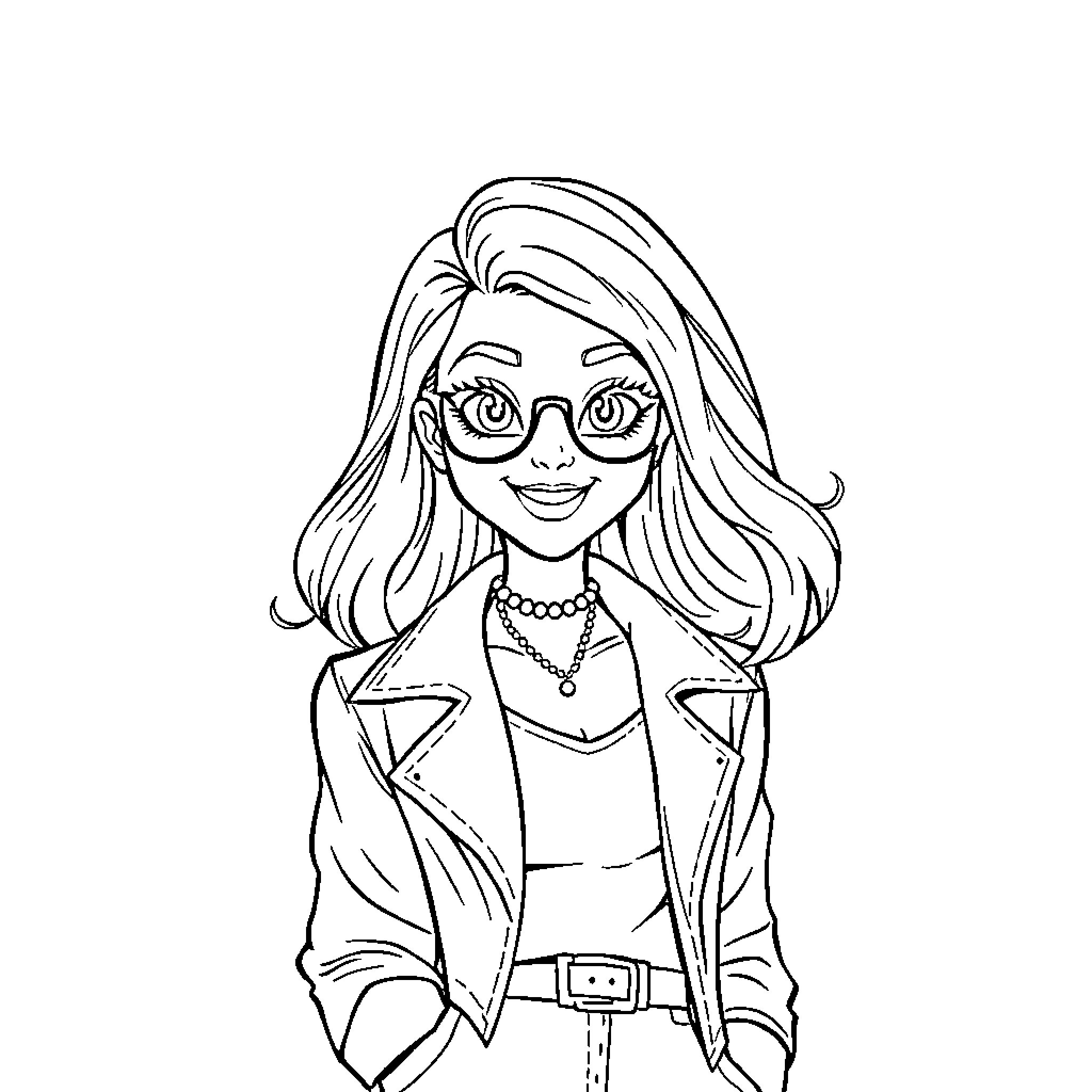 Girl with glasses and confident expression Coloring Page (free black-and-white line drawing printable PDF for all, from beginners to advanced learners, including children, teens, adults, and seniors)