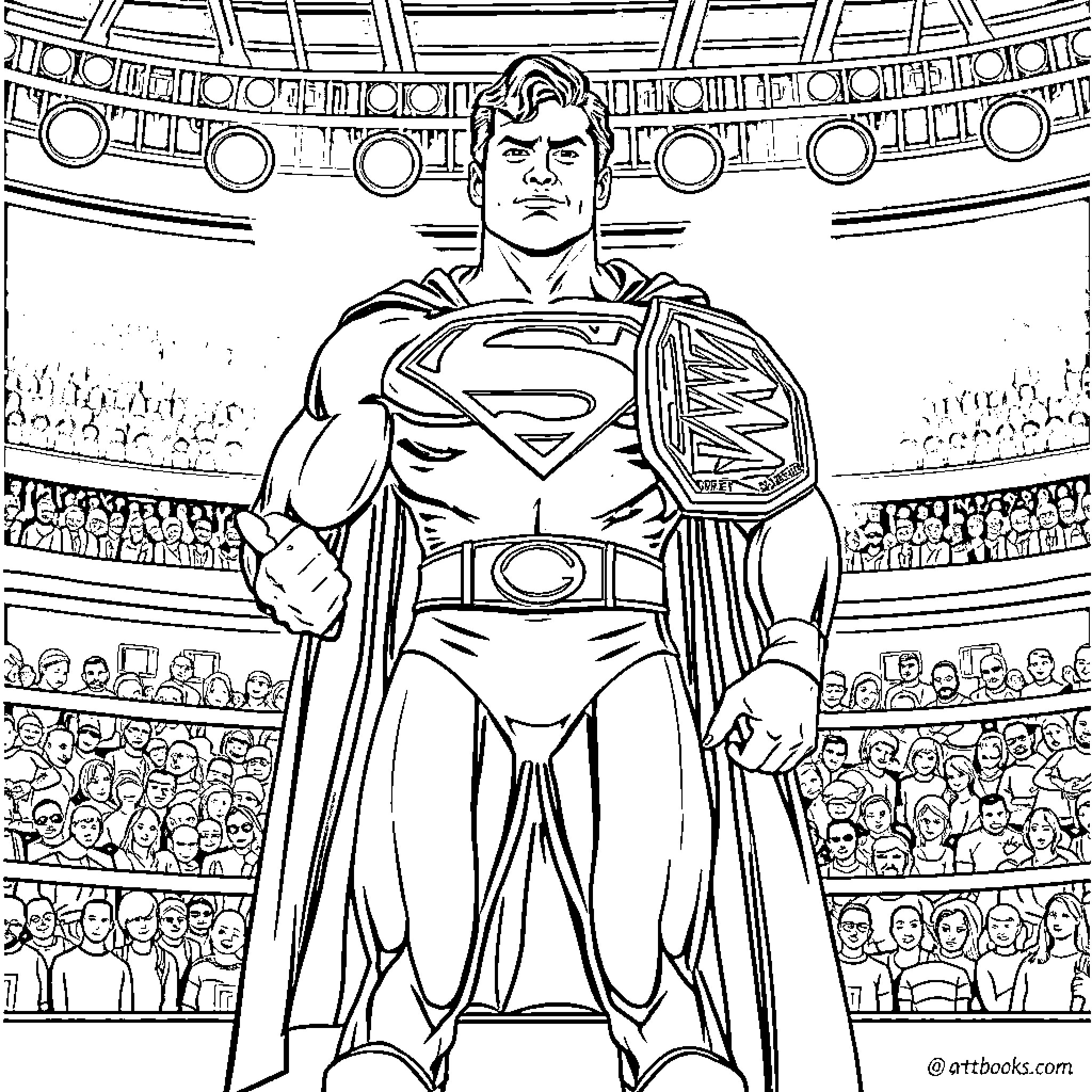 Superman saving the day in a grand arena Coloring Page (free black-and-white line drawing printable PDF for all, from beginners to advanced learners, including children, teens, adults, and seniors)