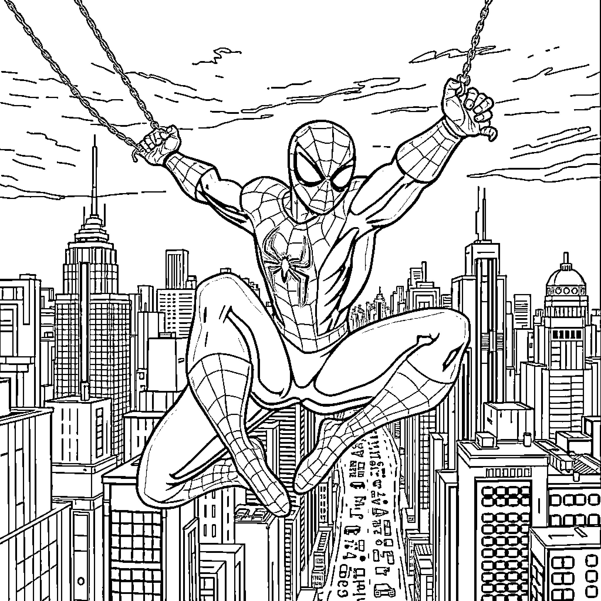 Spiderman swinging through the city skyline Coloring Page (free black-and-white line drawing printable PDF for all, from beginners to advanced learners, including children, teens, adults, and seniors)