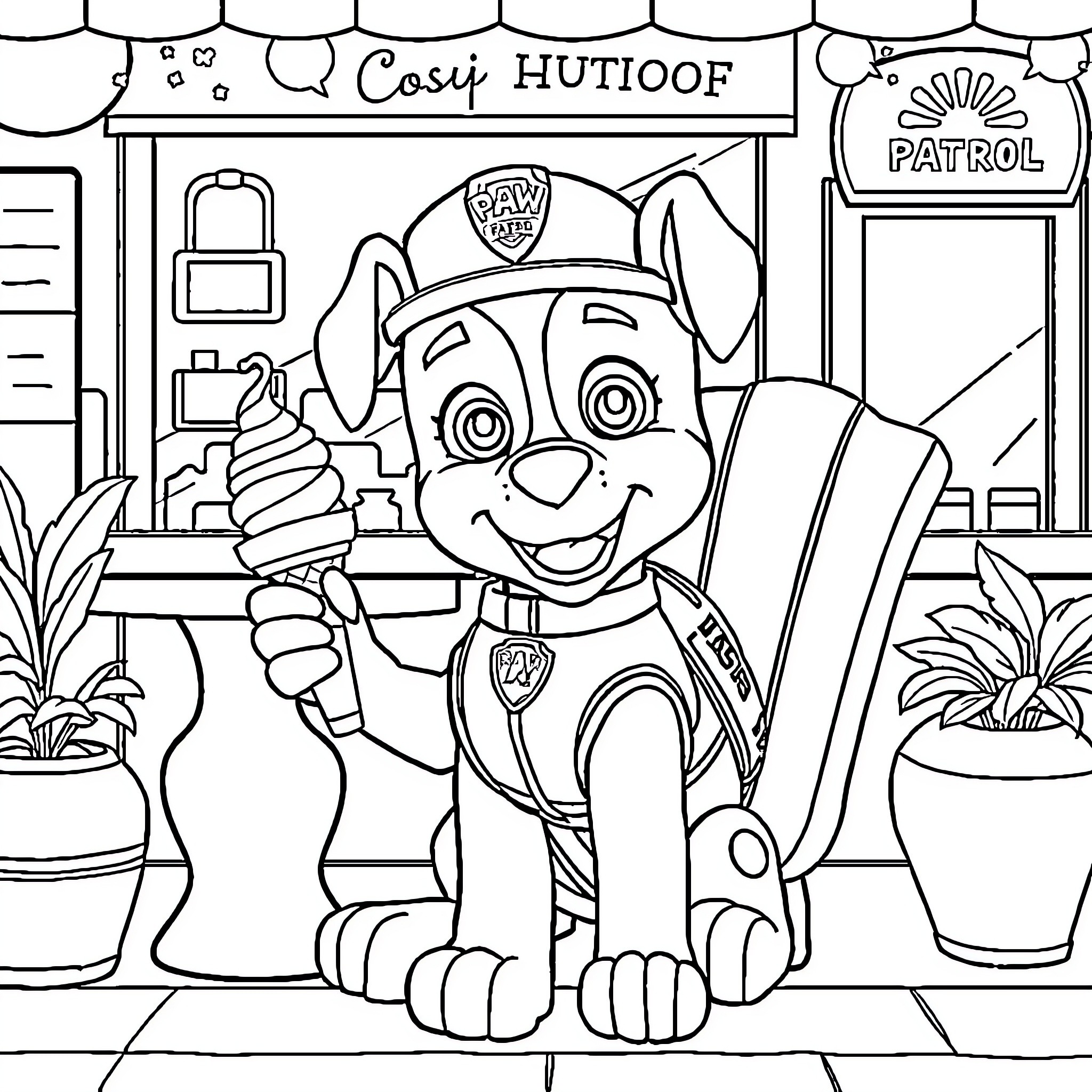 Marshall from Paw Patrol exploring the Cosiy Hutioof Coloring Page (free black-and-white line drawing printable PDF for all, from beginners to advanced learners, including children, teens, adults, and seniors)