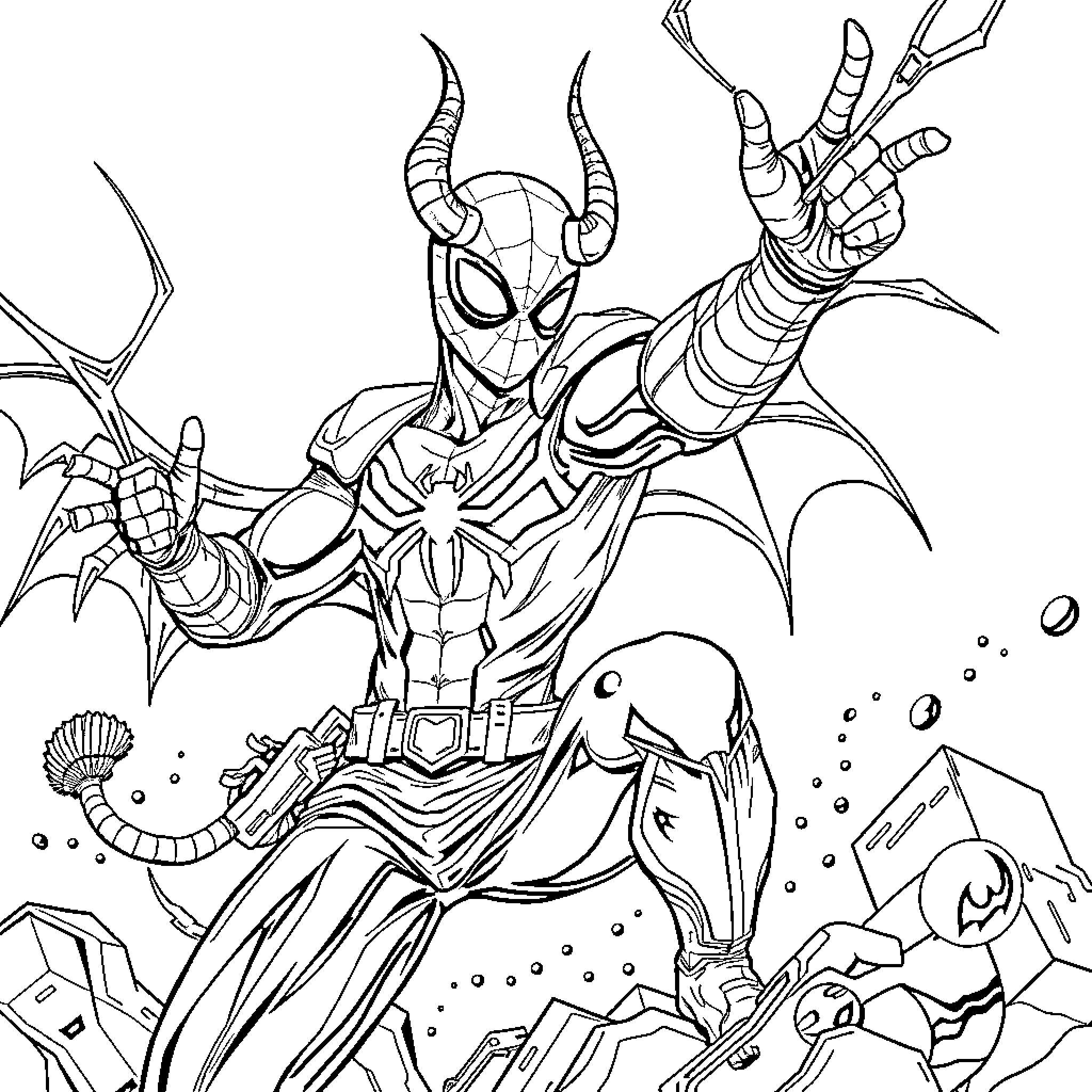 Kpop Superheroes Striking Dynamic Poses Coloring Page (free black-and-white line drawing printable PDF for all, from beginners to advanced learners, including children, teens, adults, and seniors)