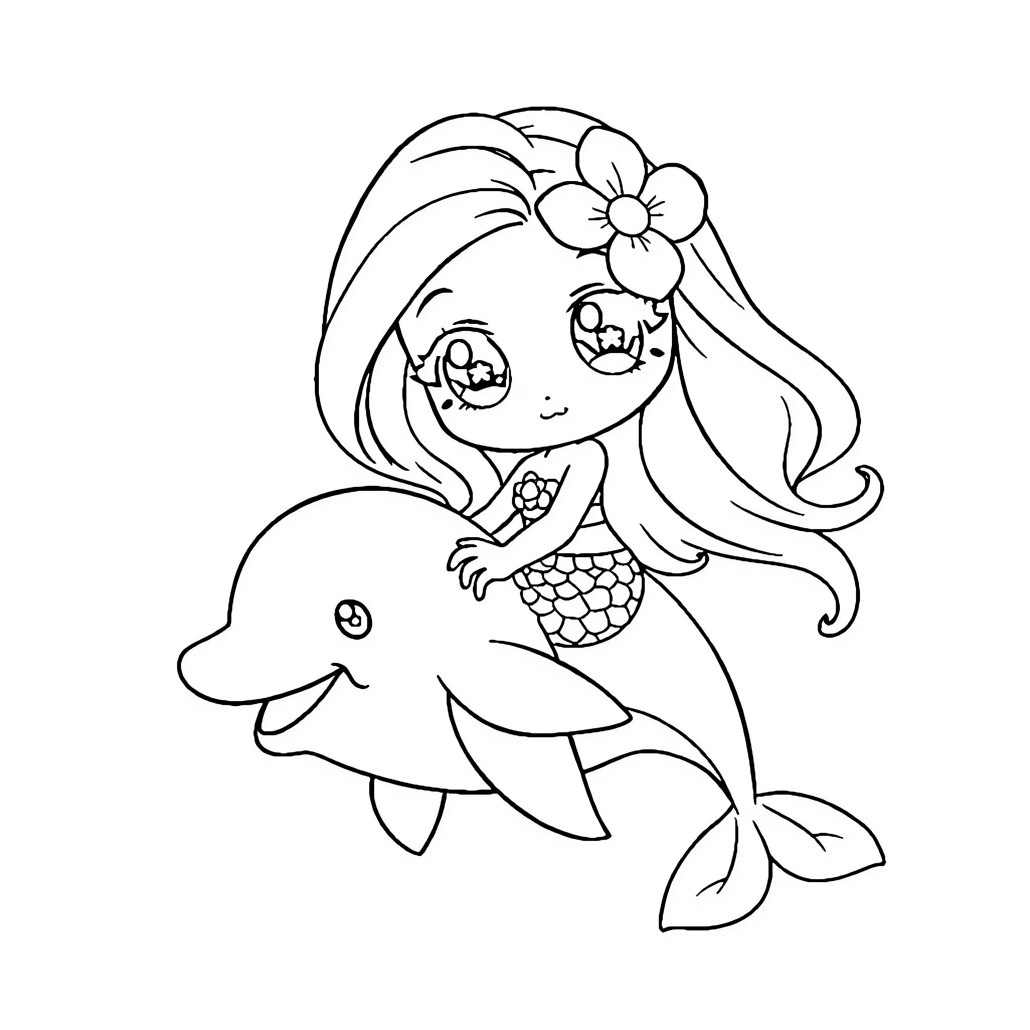 Mermaid riding a friendly dolphin Coloring Page (free black-and-white line drawing printable PDF for all, from beginners to advanced learners, including children, teens, adults, and seniors)