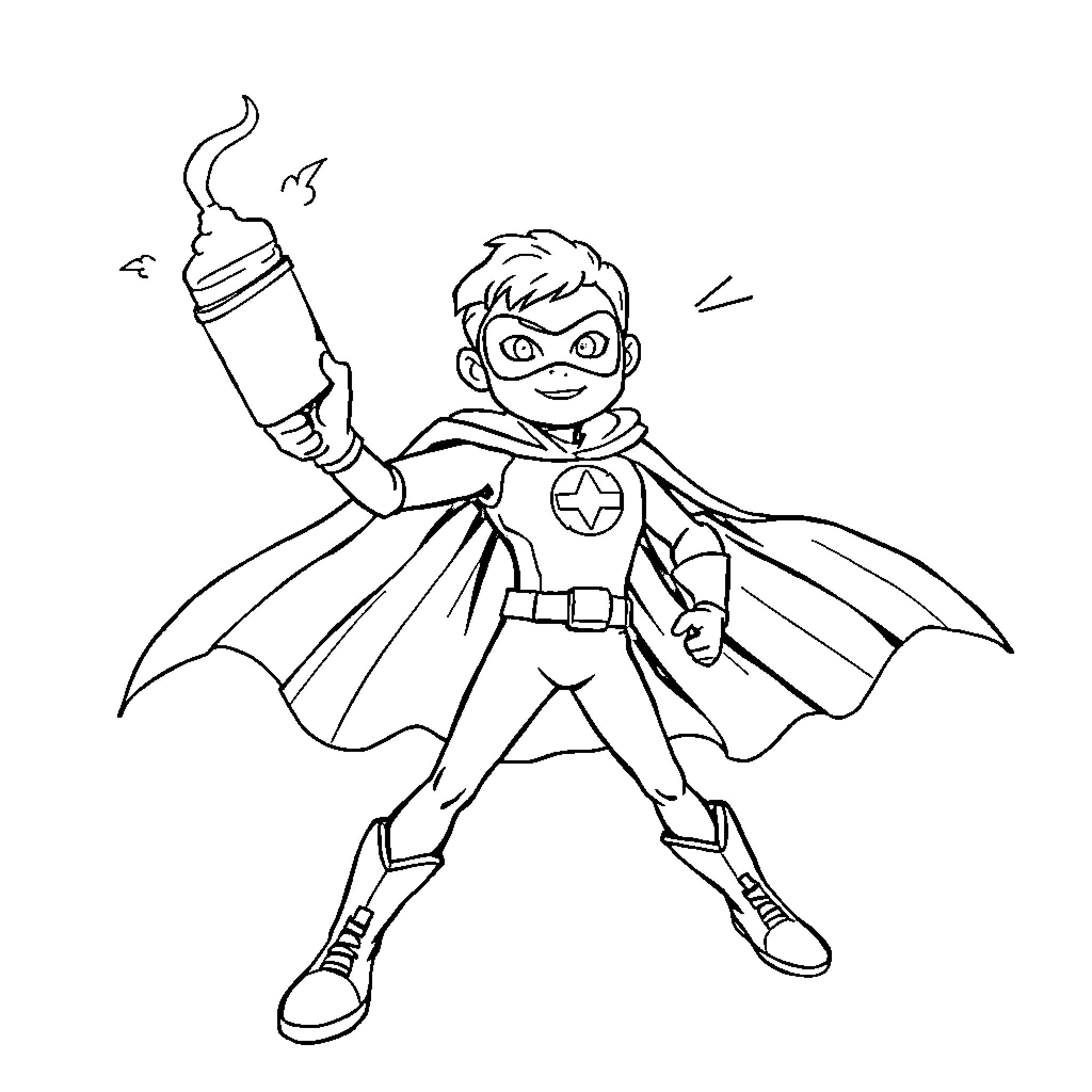 Tampon Superhero in Action Pose Coloring Page (free black-and-white line drawing printable PDF for all, from beginners to advanced learners, including children, teens, adults, and seniors)