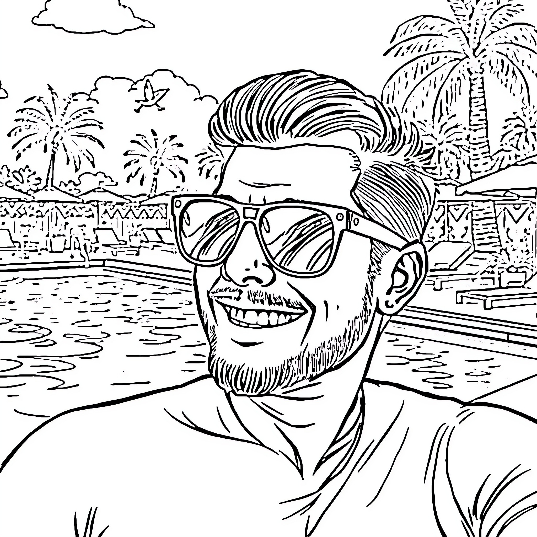 Gojo Relaxing at Tropical Paradise Coloring Page (free black-and-white line drawing printable PDF for all, from beginners to advanced learners, including children, teens, adults, and seniors)