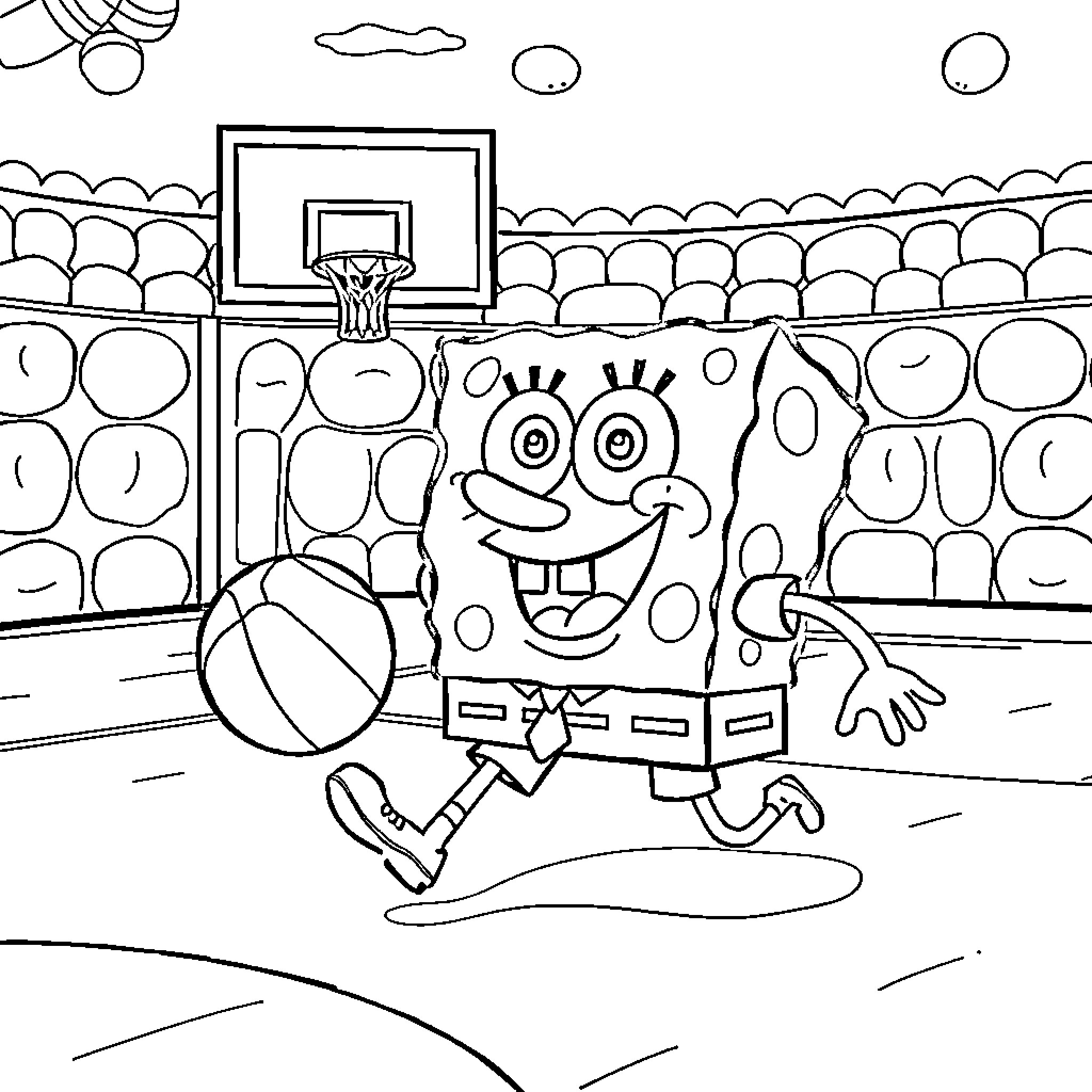 Spongebob plays basketball in a sports arena Coloring Page (free black-and-white line drawing printable PDF for all, from beginners to advanced learners, including children, teens, adults, and seniors)