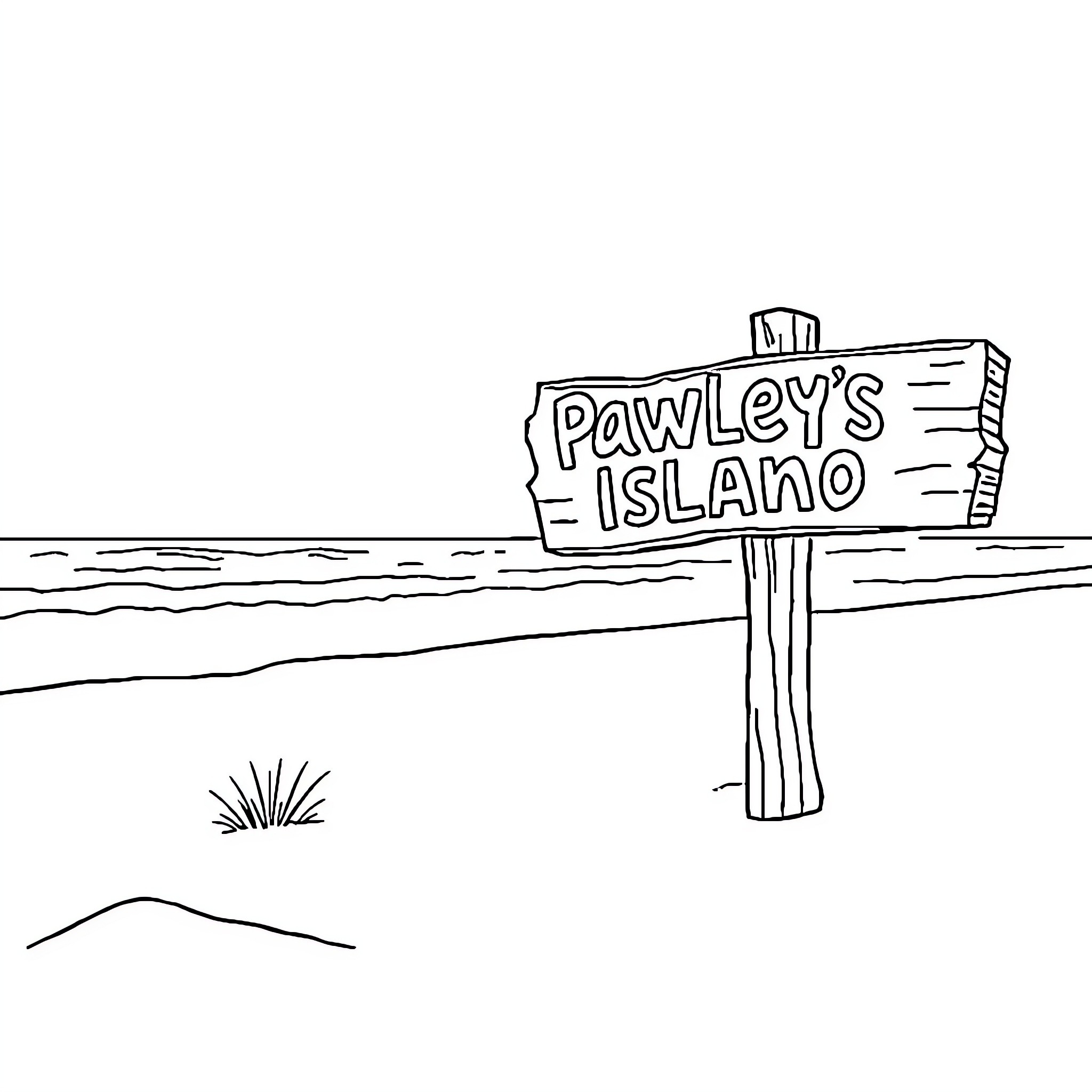 Beach scene with sign for Pawley's Island Coloring Page (free black-and-white line drawing printable PDF for all, from beginners to advanced learners, including children, teens, adults, and seniors)
