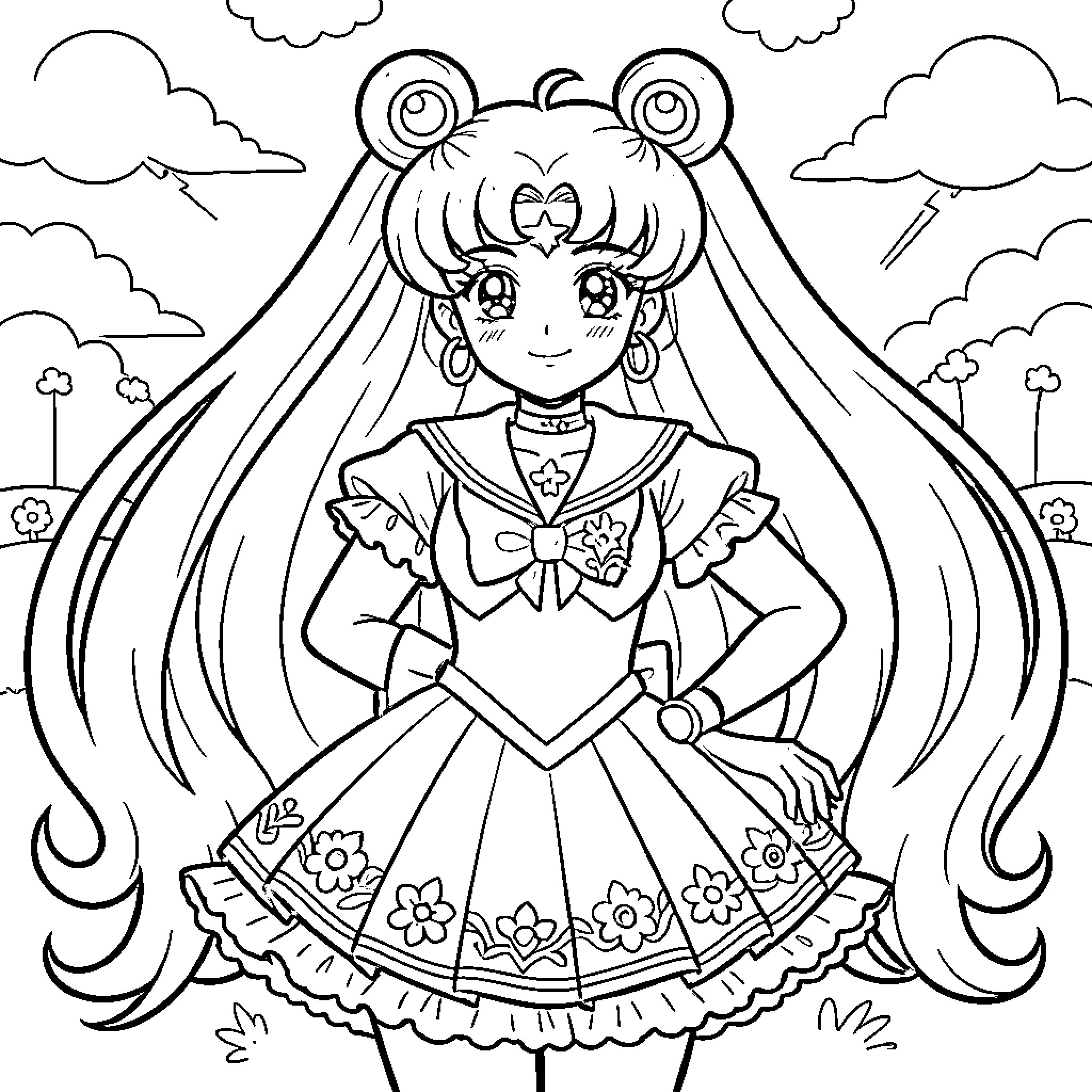 Sailor Moon in Whimsical Sailor Outfit Coloring Page (free black-and-white line drawing printable PDF for all, from beginners to advanced learners, including children, teens, adults, and seniors)