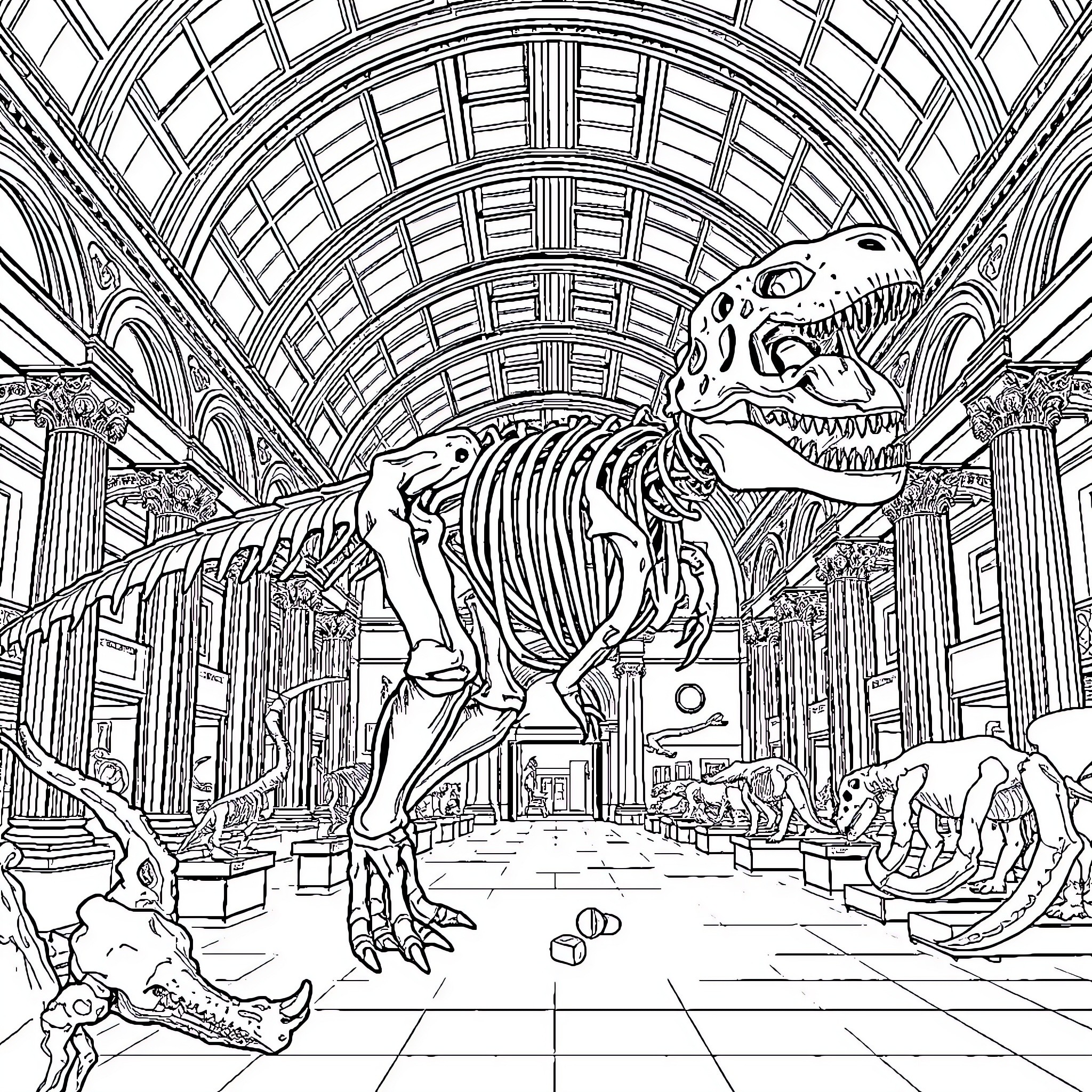 Dinosaur Skeleton Exhibit in a Grand Museum Coloring Page (free black-and-white line drawing printable PDF for all, from beginners to advanced learners, including children, teens, adults, and seniors)